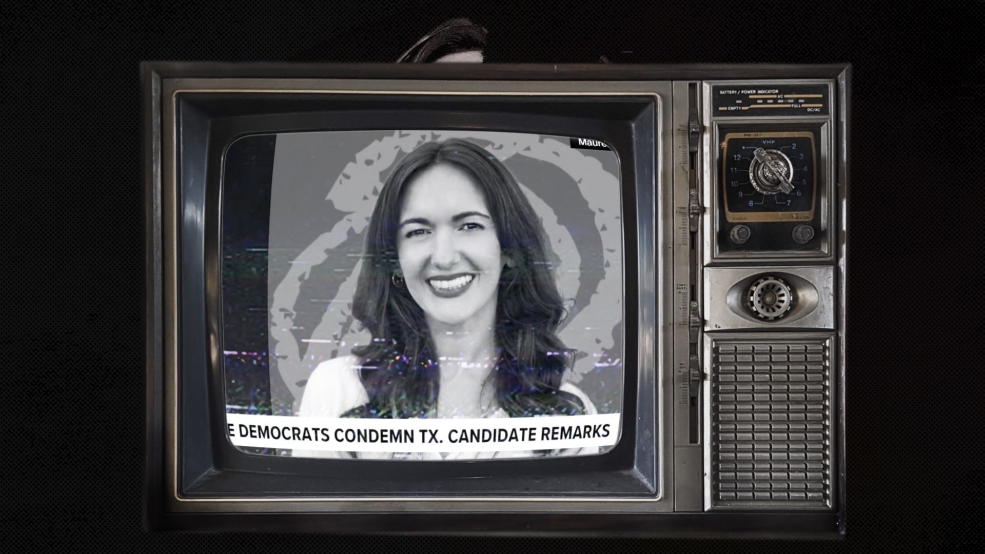 Old vintage television shows a smiling woman on a grayscale image with a circular backdrop; metal dials on the right and a bottom news ticker about Democrats, set against a dark, textured background.