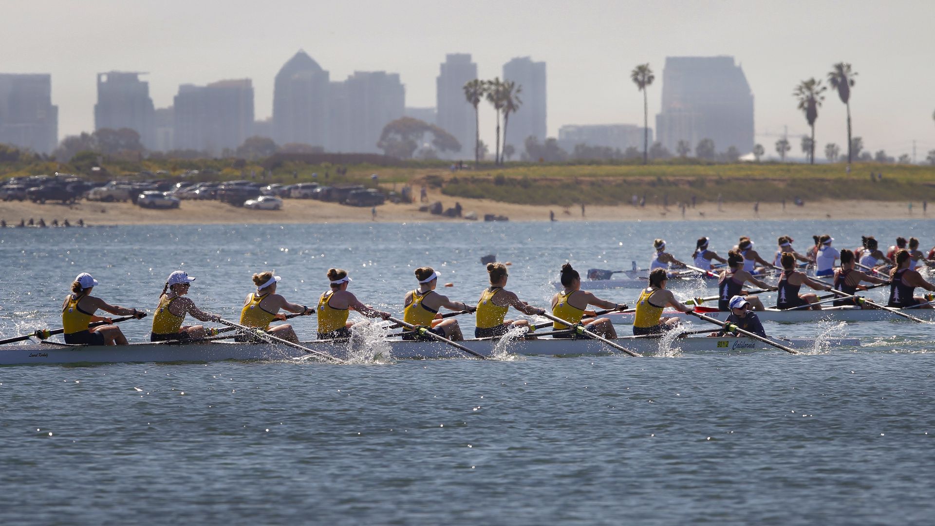 At the Crew Classic in Mission Bay on Sunday, the women from California, places first in Womens Collegiate Varsity Jessop-Whittier Cup Invitational Final 1.