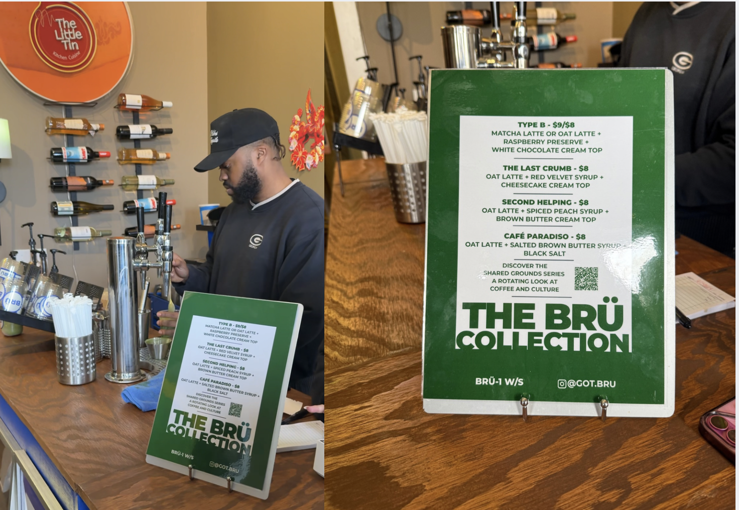 Coffee shop barista in black cap and sweatshirt at counter pouring a drink, with a wine rack on the wall and a menu for "The Brü Collection" oat and matcha lattes with various cream toppings.