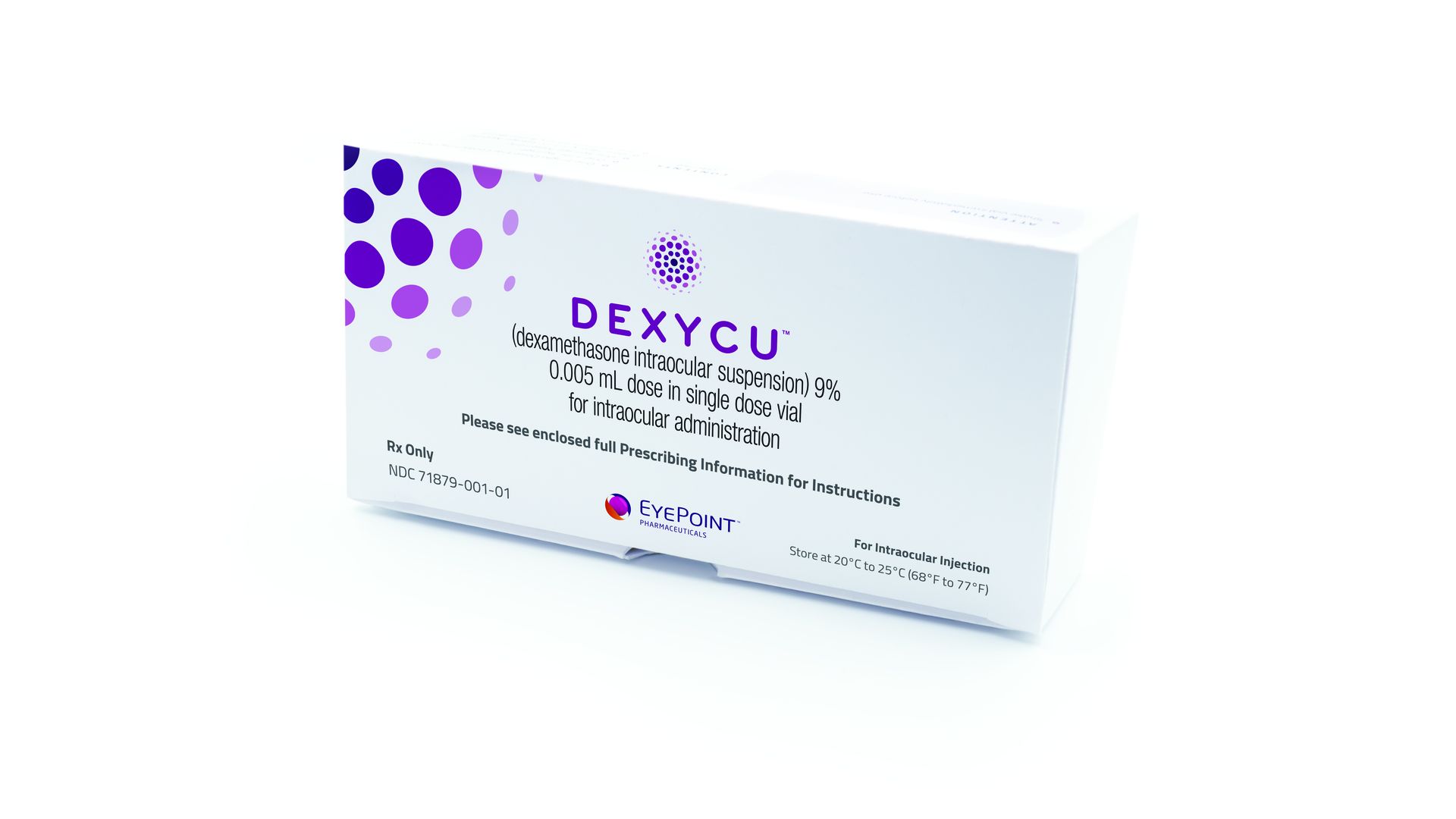 A white box with the drug's name, Dexycu, on the front.