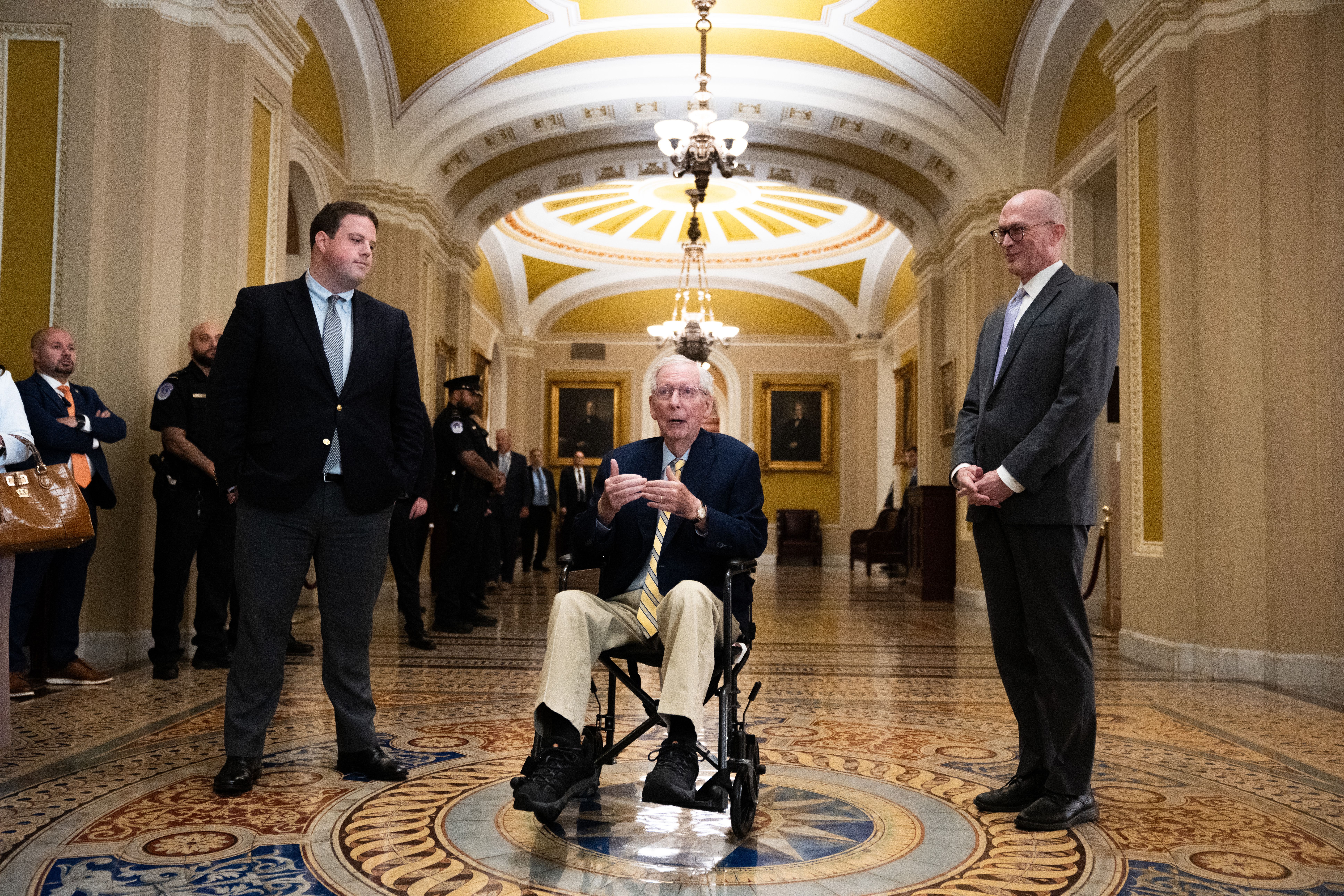 Sen. Mitch McConnell (R-Ky.) speaks to reporters at the Capitol yesterday.