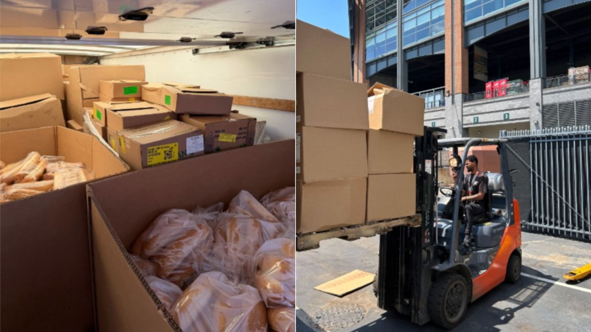 Split image: left side shows a truck's interior packed with brown cardboard boxes and plastic bags; right side shows a forklift lifting a pallet of boxes outside a modern brick-and-glass building.