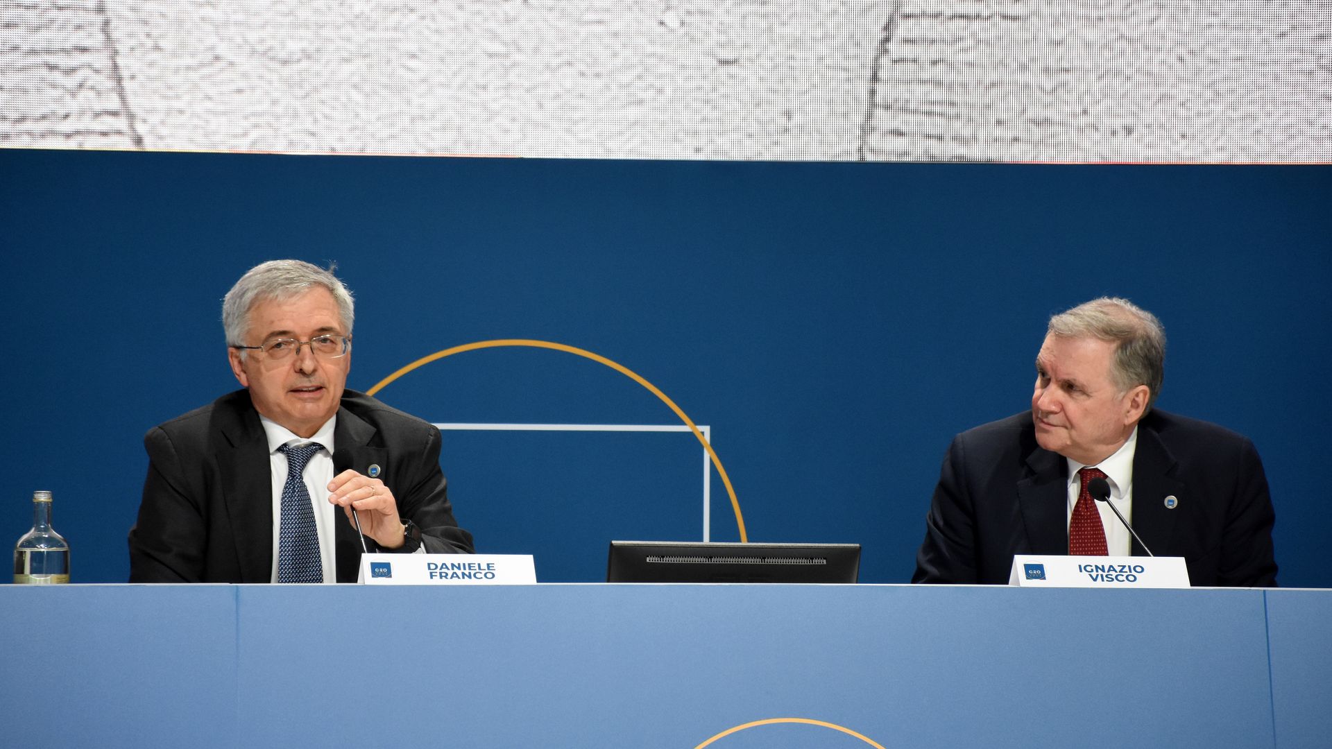 Italian Economy Minister, Daniele Franco (L) and Governor of the Bank of Italy, Ignazio Visco (R) hold a press conference.