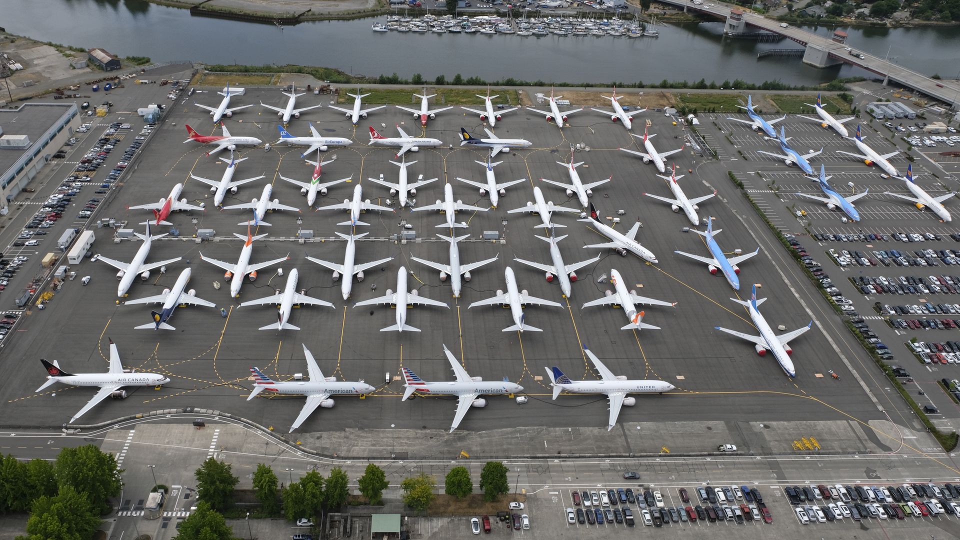 Boeing 737 MAX airplanes are stored on employee parking lots near Boeing Field, on June 27, 2019 in Seattle, Washington.