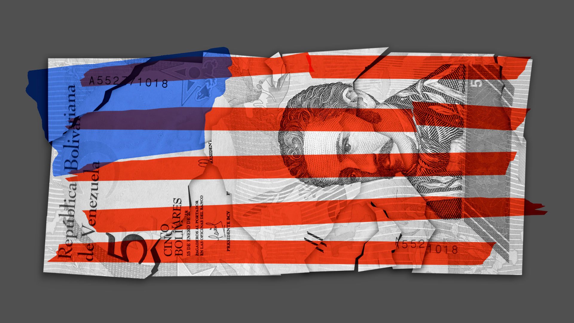 Illustration of torn Venezuelan currency being held together with U.S. flag-shaped tape