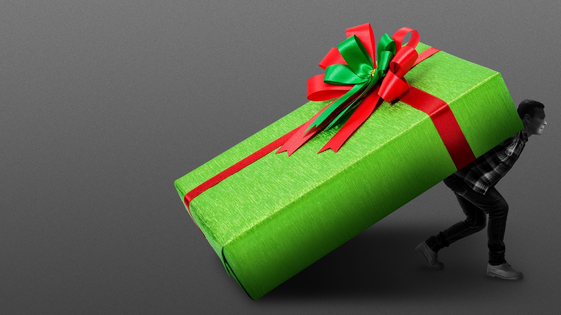 Illustration of a small man carrying a giant holiday gift