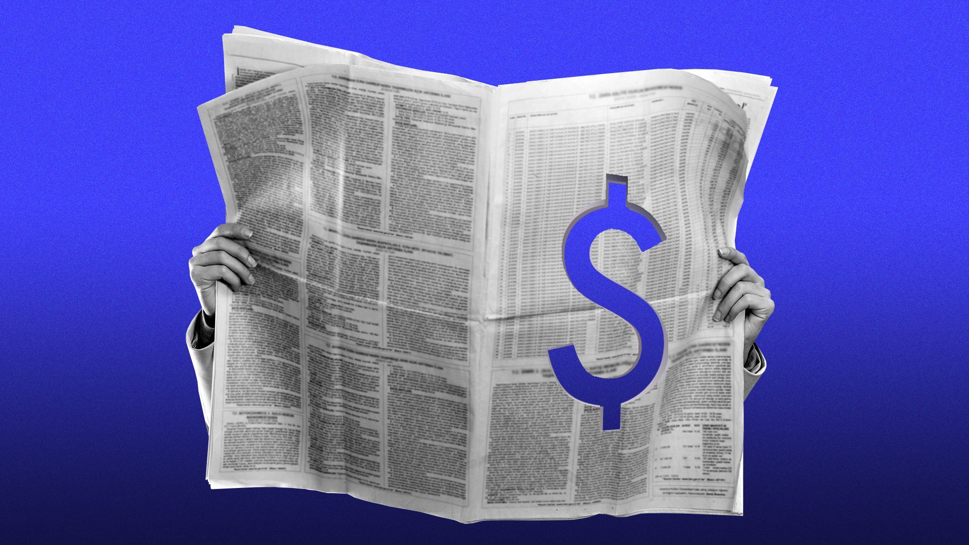Illustration of an open newspaper with a dollar sign cut out of the pages