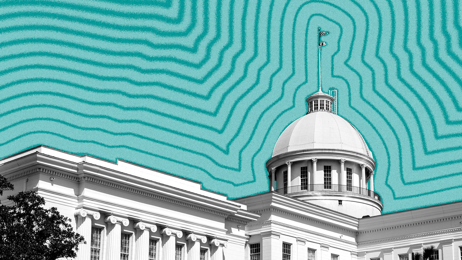 Illustration of the Alabama State Capitol with lines radiating from it.