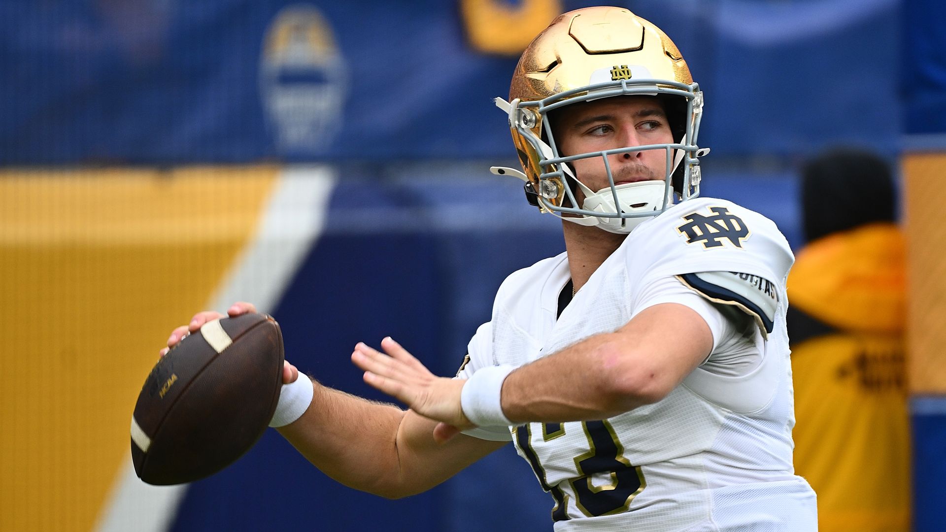 CJ Carr #13 of the Notre Dame Fighting Irish warms up before the game against the Pittsburgh Panthers at Acrisure Stadium on November 15, 2025 in Pittsburgh, Pennsylvania.