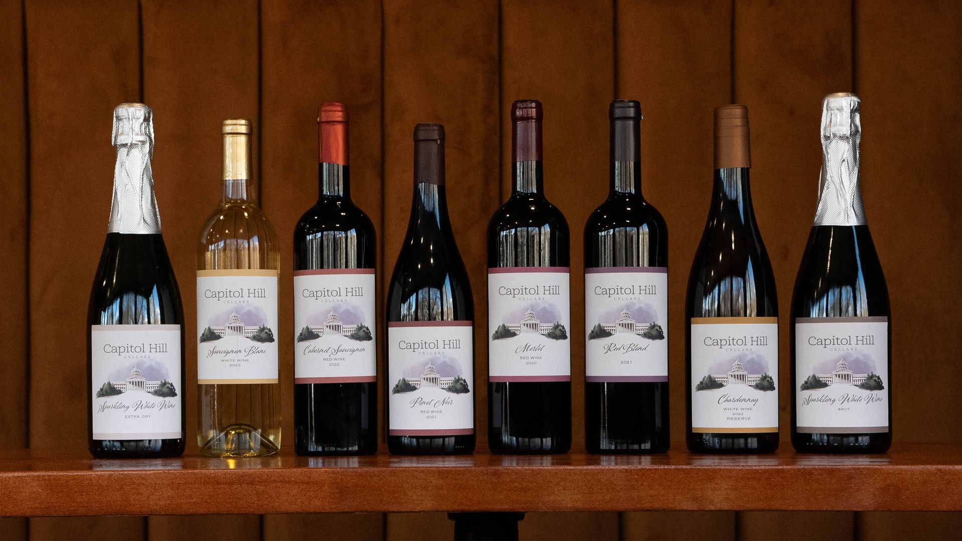 A lineup of wine.