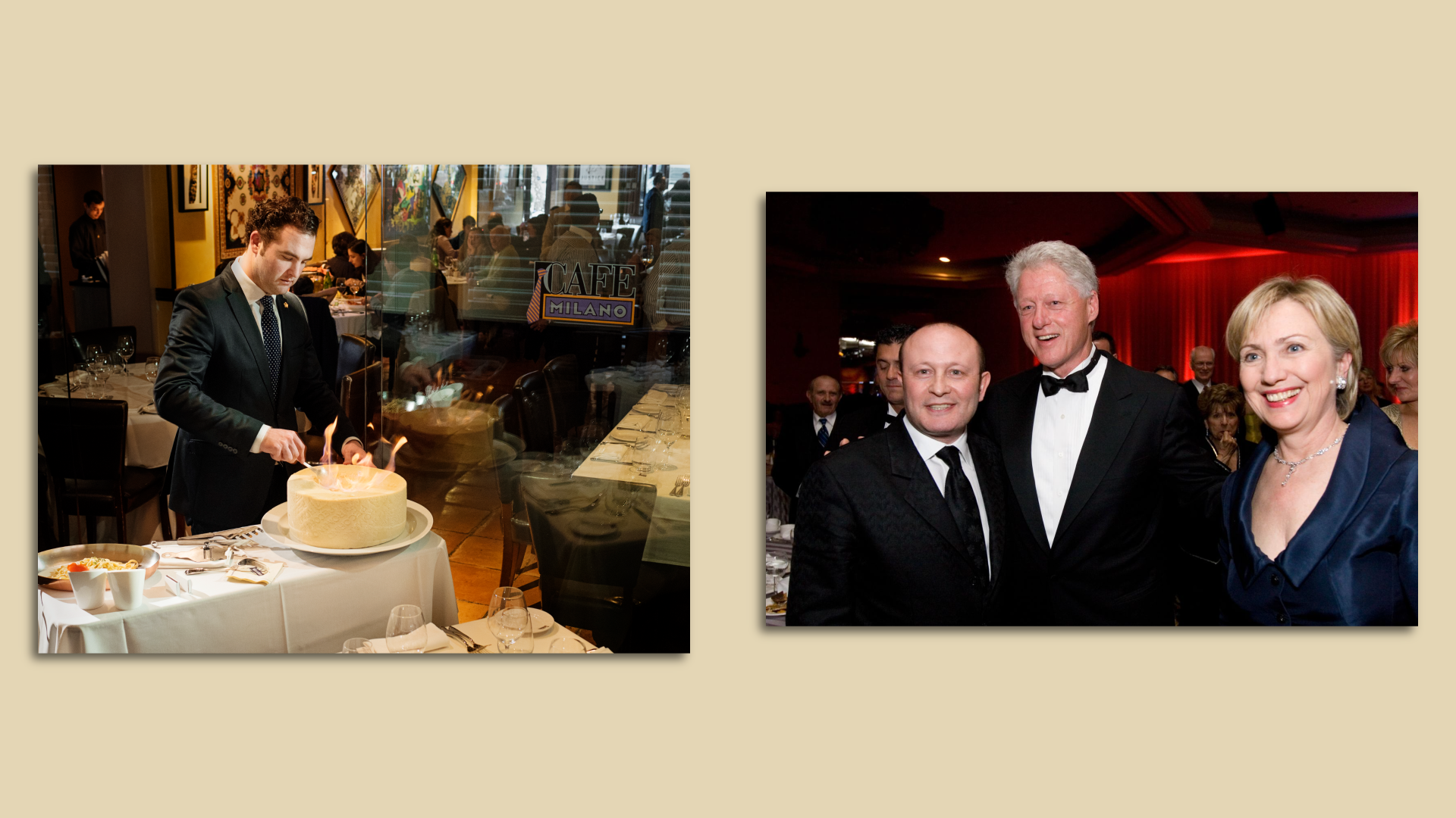 A photo showing the Cafe Milano dining room and a picture of Franco Nuschese with the Clintons