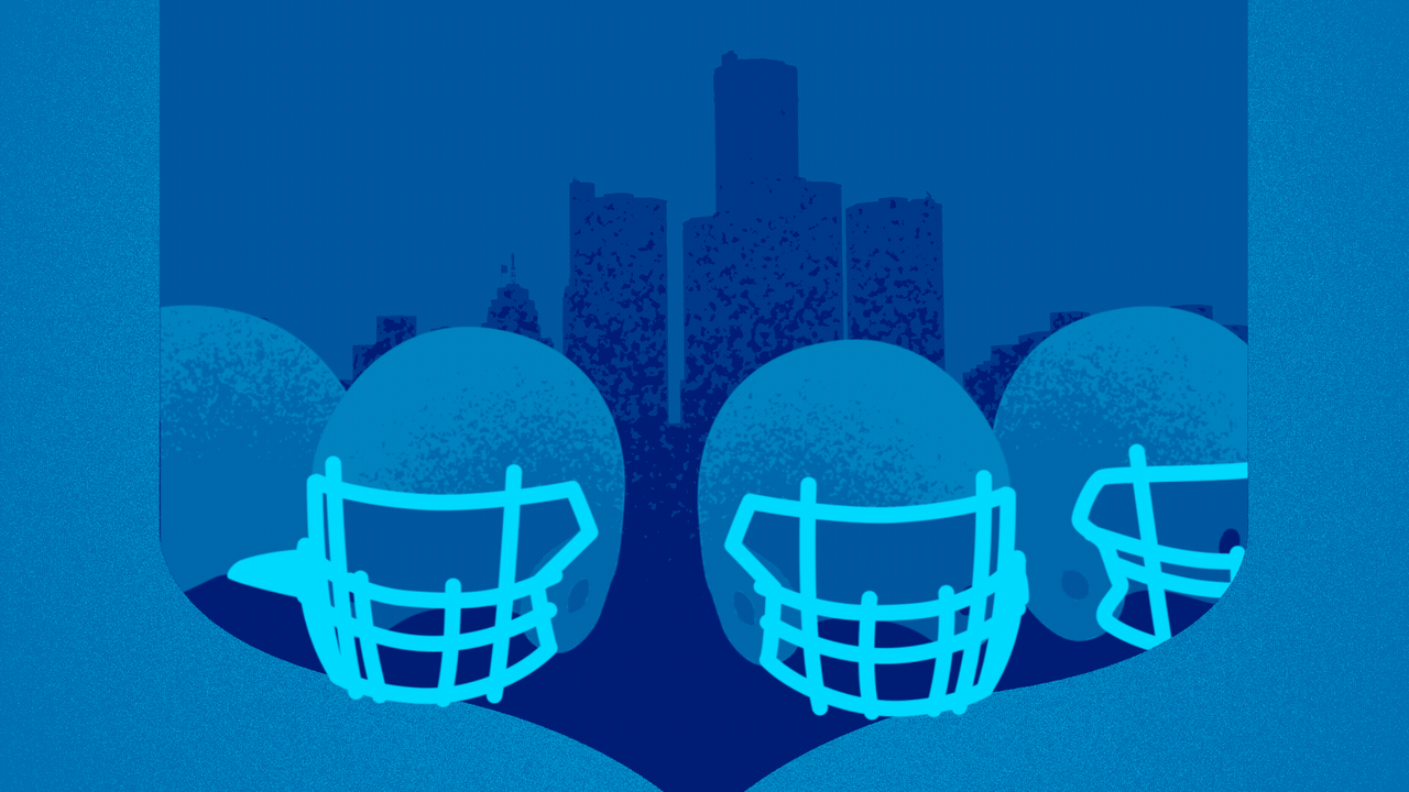 Animated illustration of a rotating line of football helmets in front of the Detroit skyline.
