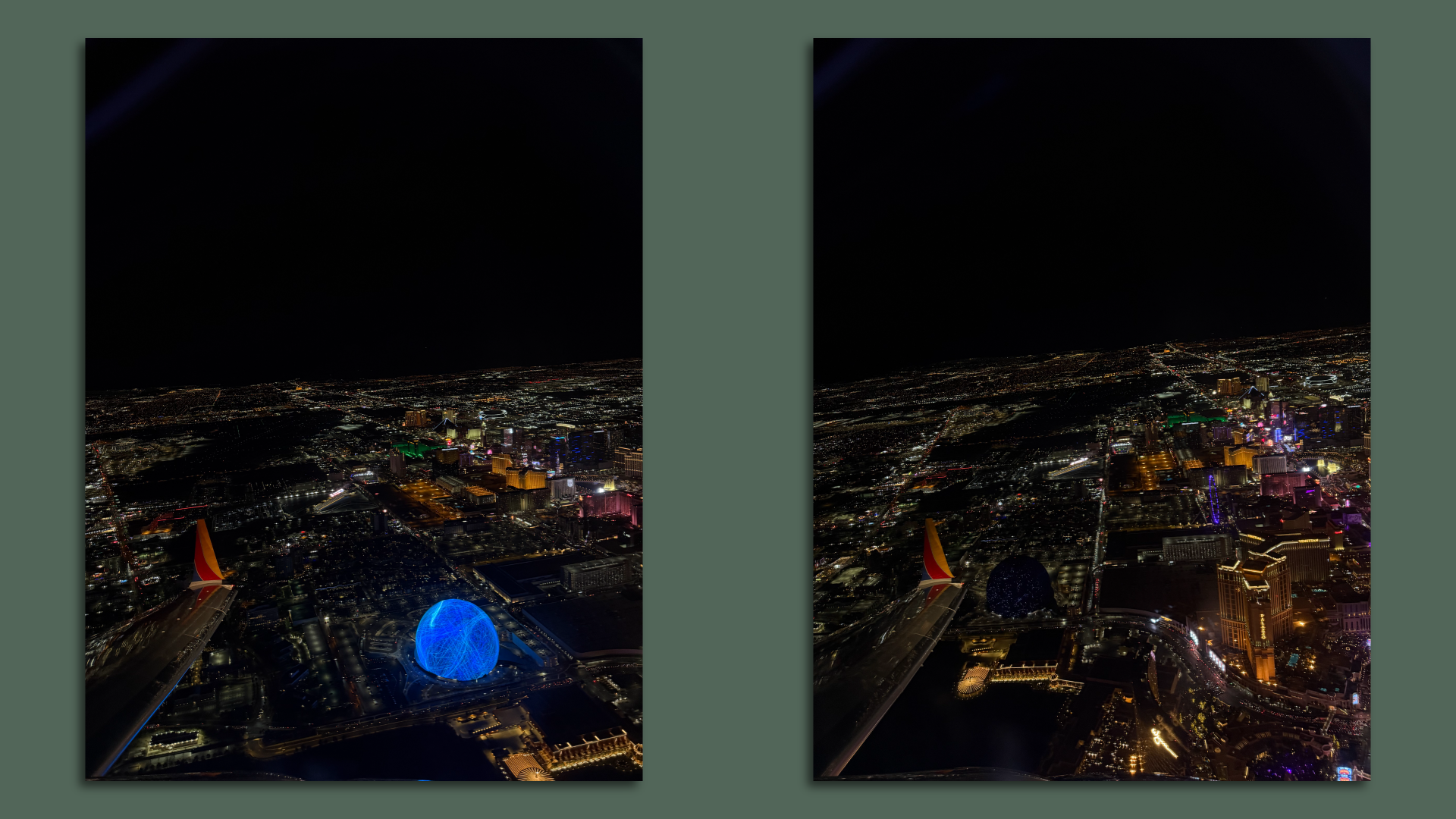 Two images of a view of the Las Vegas strip from an airplane window