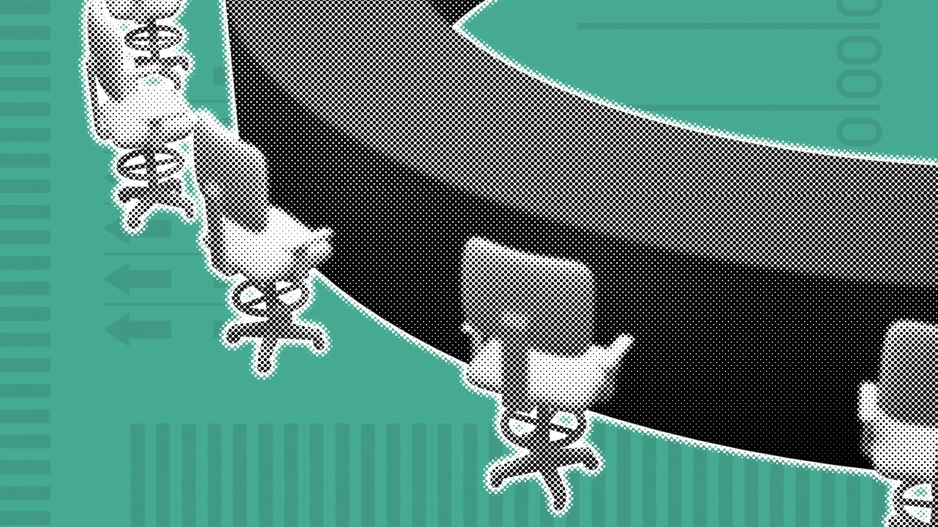 Illustration of a half-circle table with chairs around it over a blue background with elements of ballots.