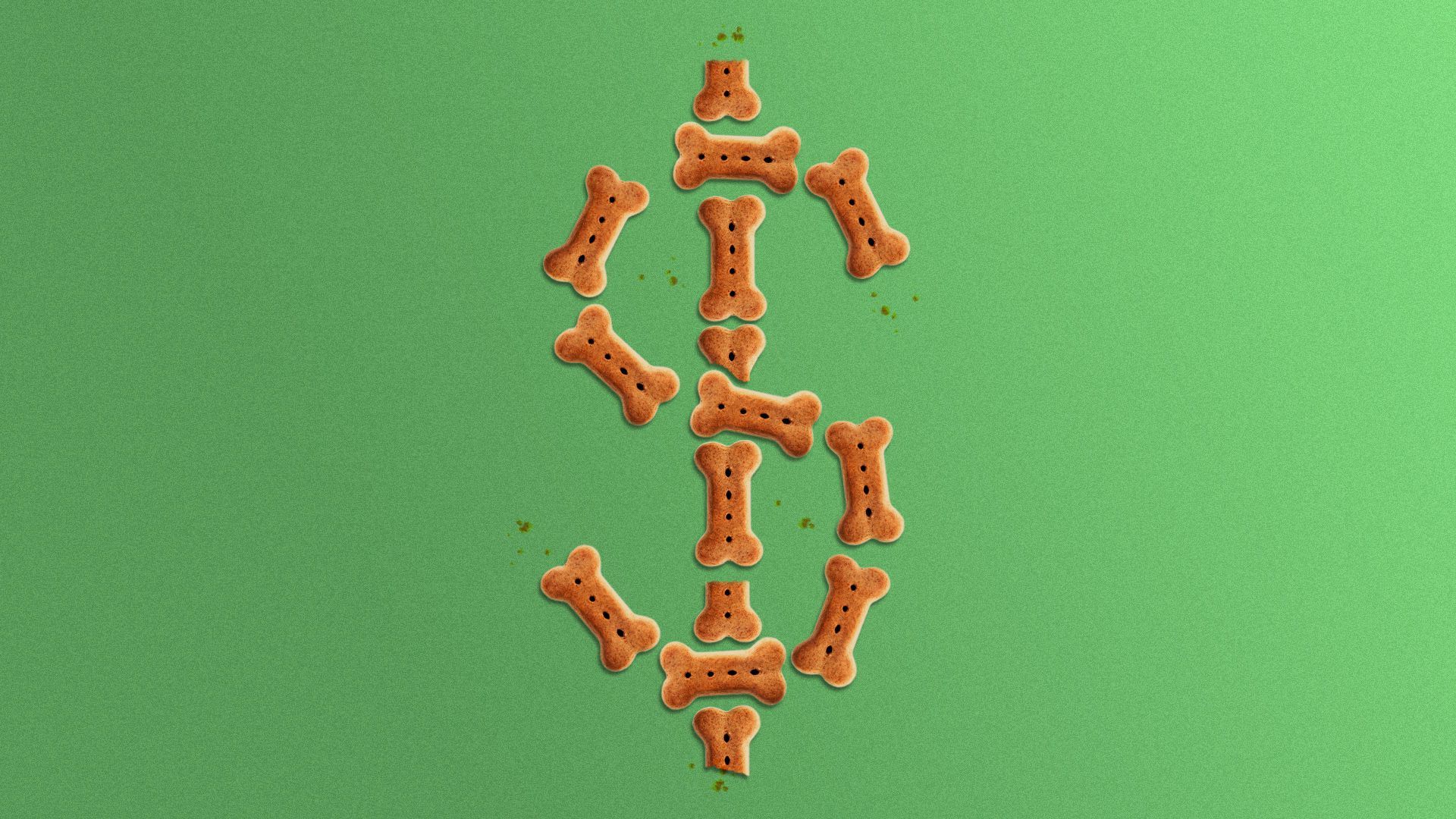 Illustration of dog treats in the shape of a dollar sign. 