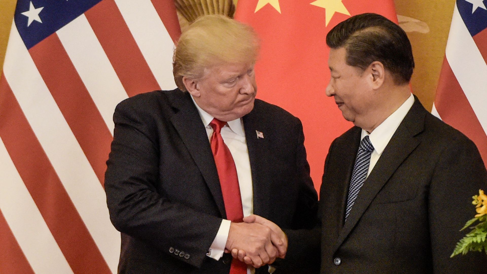 Donald Trump and China's Xi Jinping shake hands in front of US flags. 