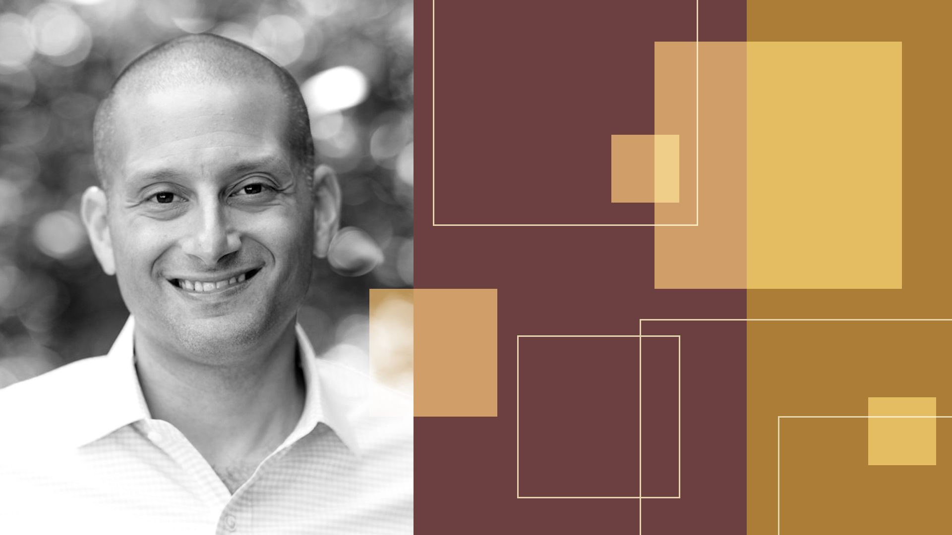 Photo illustration of Steve Boms surrounded by abstract shapes. 