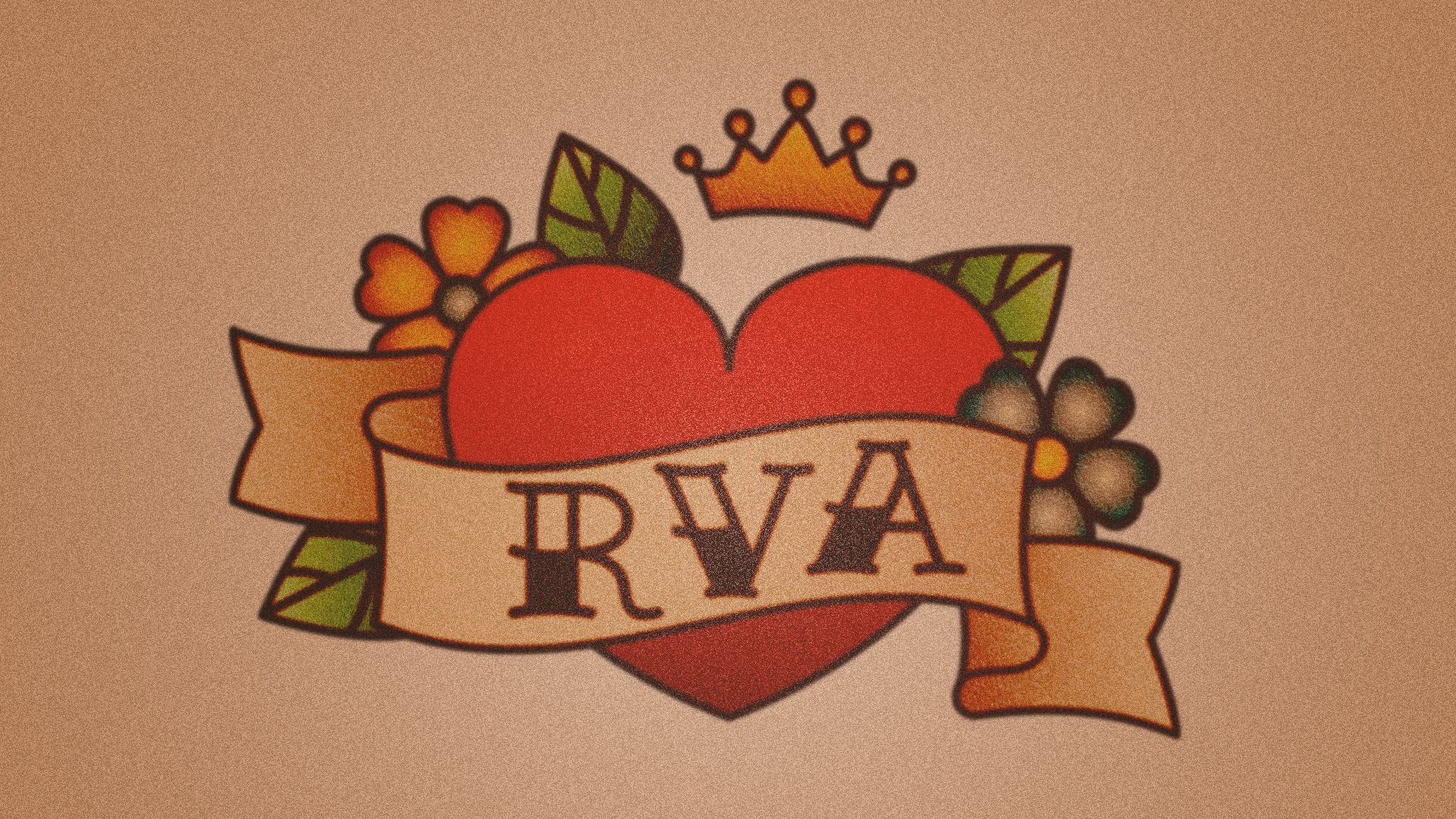 Illustration of a heart shaped tattoo with a scroll that has "RVA" written in the center.