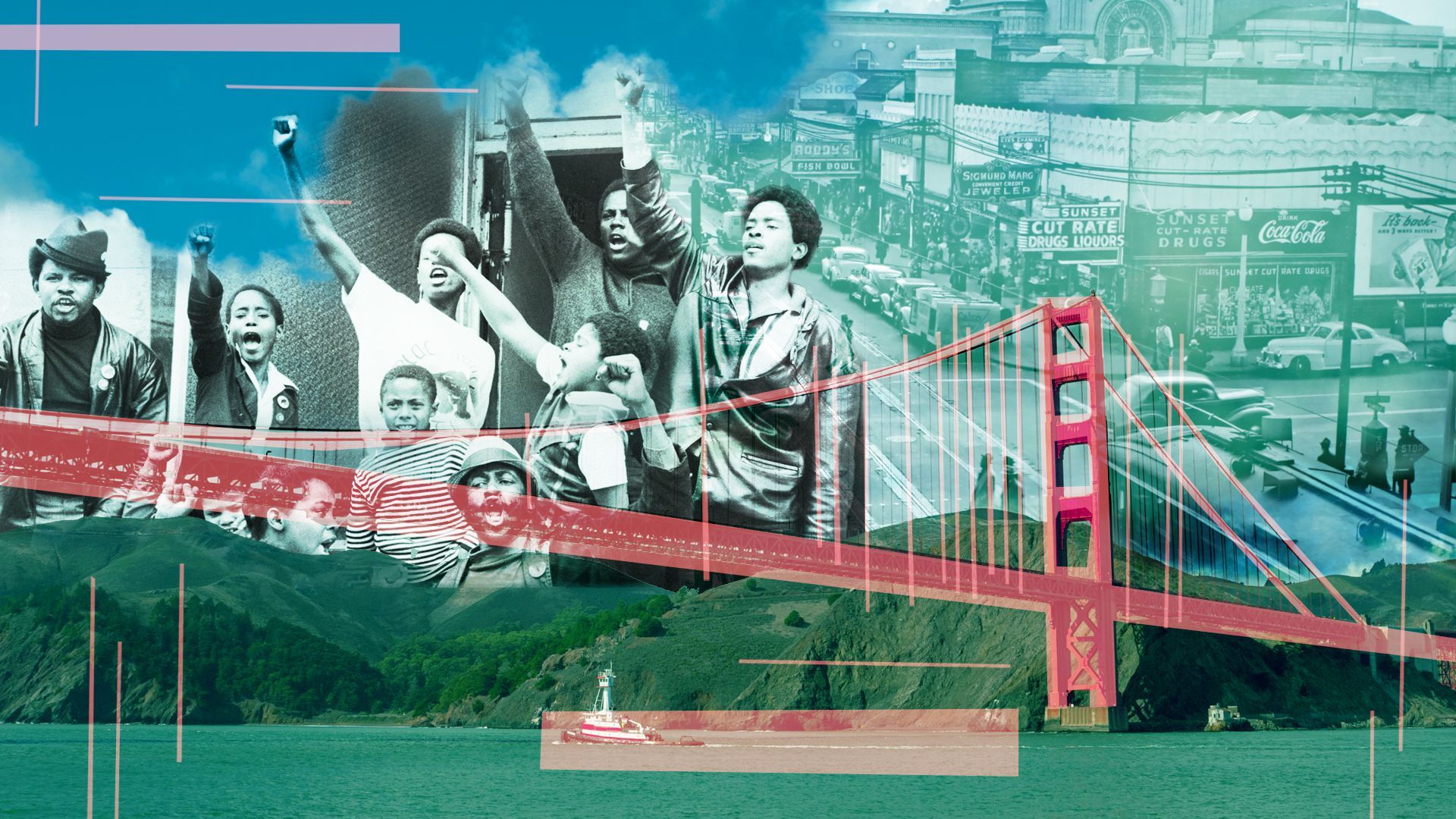 Photo illustration collage of historical photos of San Francisco's Fillmore district and the Golden Gate Bridge.