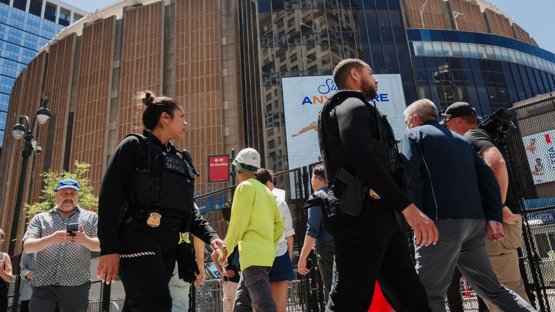 Members of the U.S. Secret Service walk the perimeter of a security fence outside of Madison Square Garden ahead of Game 3 of the NBA Finals between New York Knicks and San Antonio Spurs on June 8, 2026 in New York City. The New York City Police Department and Secret Service have cancelled a NBA Fi