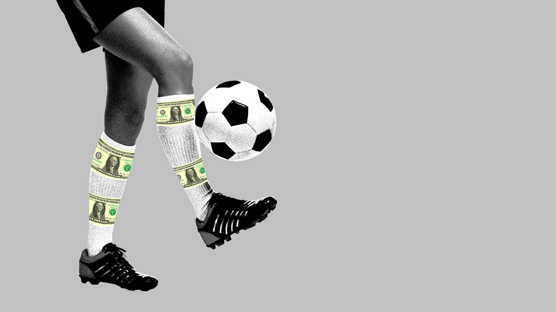 In this illustration, a soccer ball is kicked by someone wearing sports gear and socks with money printed on them.