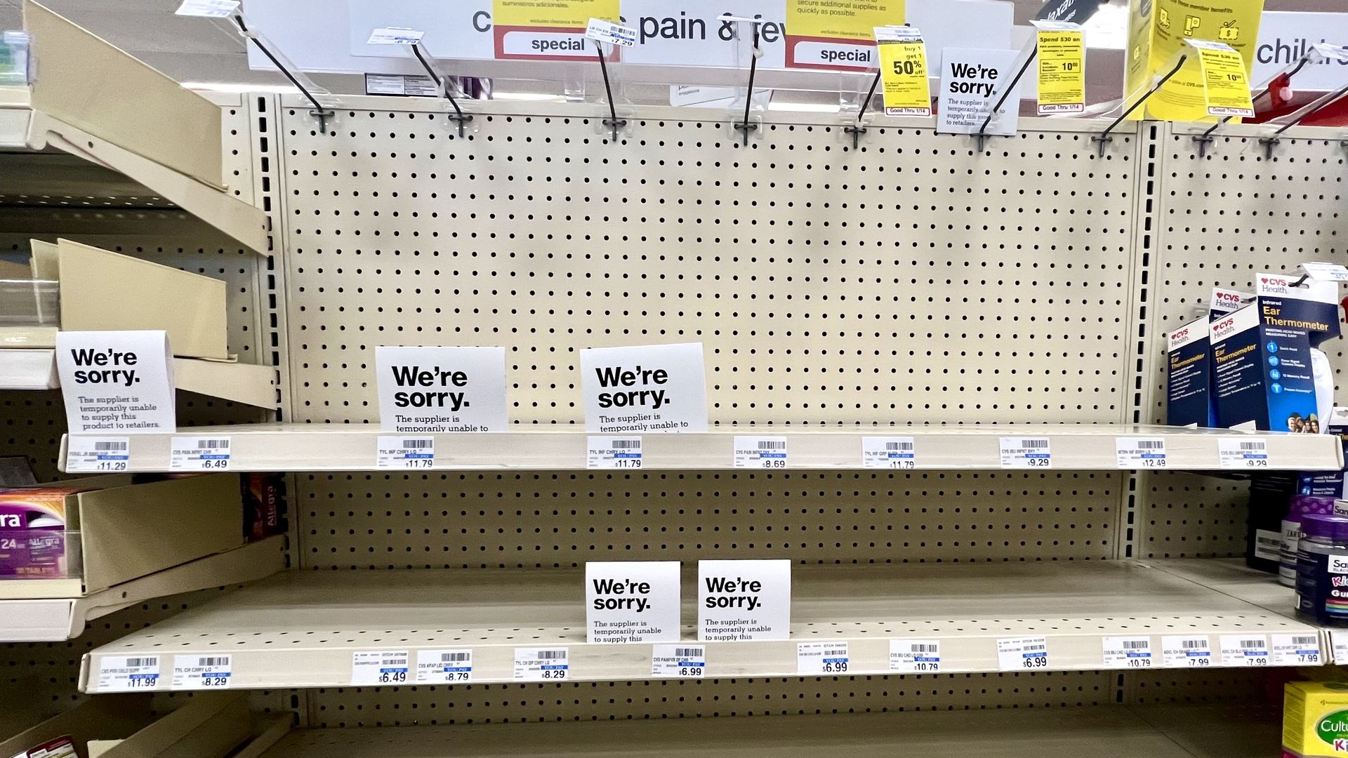 Empty shelves at CVS during a shortage of kid's pain medications. 