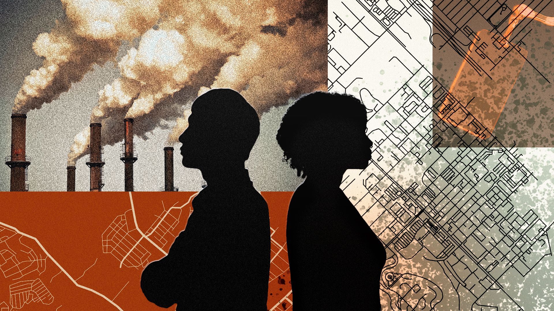 Illustration of two silhouetted cut-outs of people of color back-to-back in front of a collage of maps, polluting industrial towers, and a work lanyard.