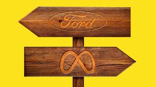 Illustration d'un poteau de signalisation avec deux flèches pointant dans des directions différentes avec les logos Ford et Meta en forme de flammes.