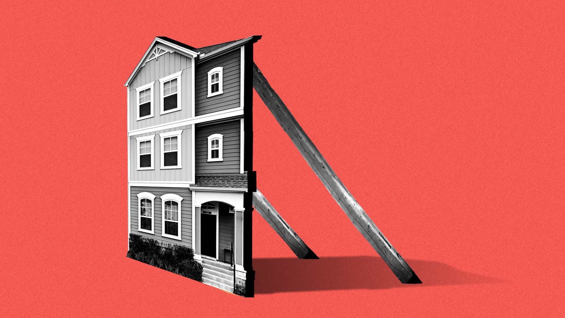 Illustration of the facade of a triplex being held up by wooden beams.