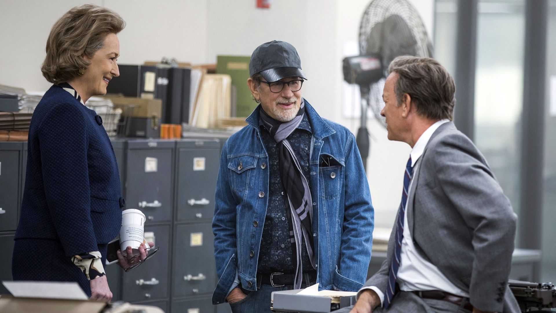 Streep on the set of The Post with Spielberg and Tom Hanks