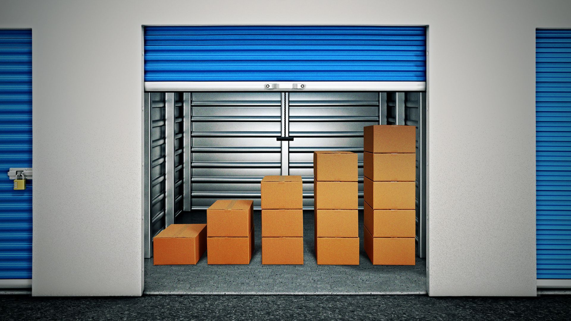 Illustration of a self-storage unit with boxes creating an upwards bar chart.