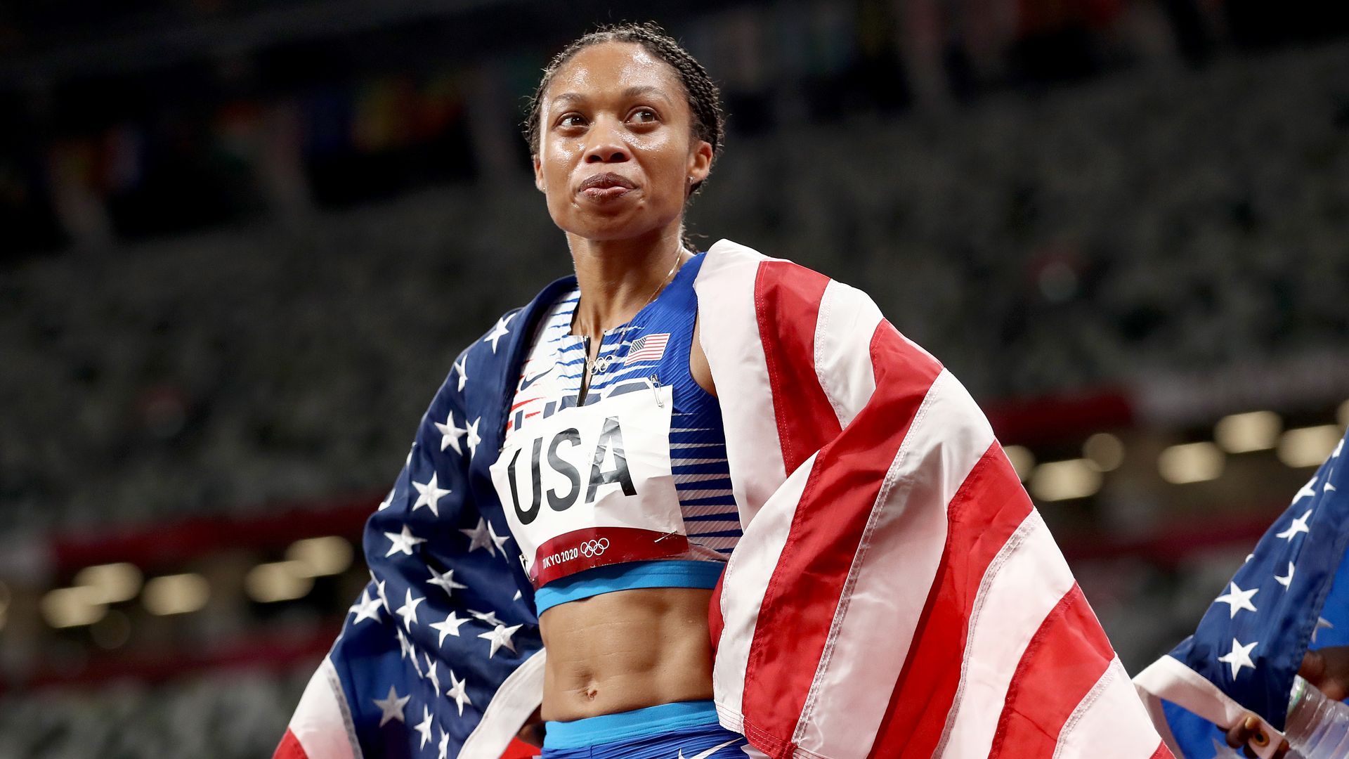 allyson felix draped in american flag