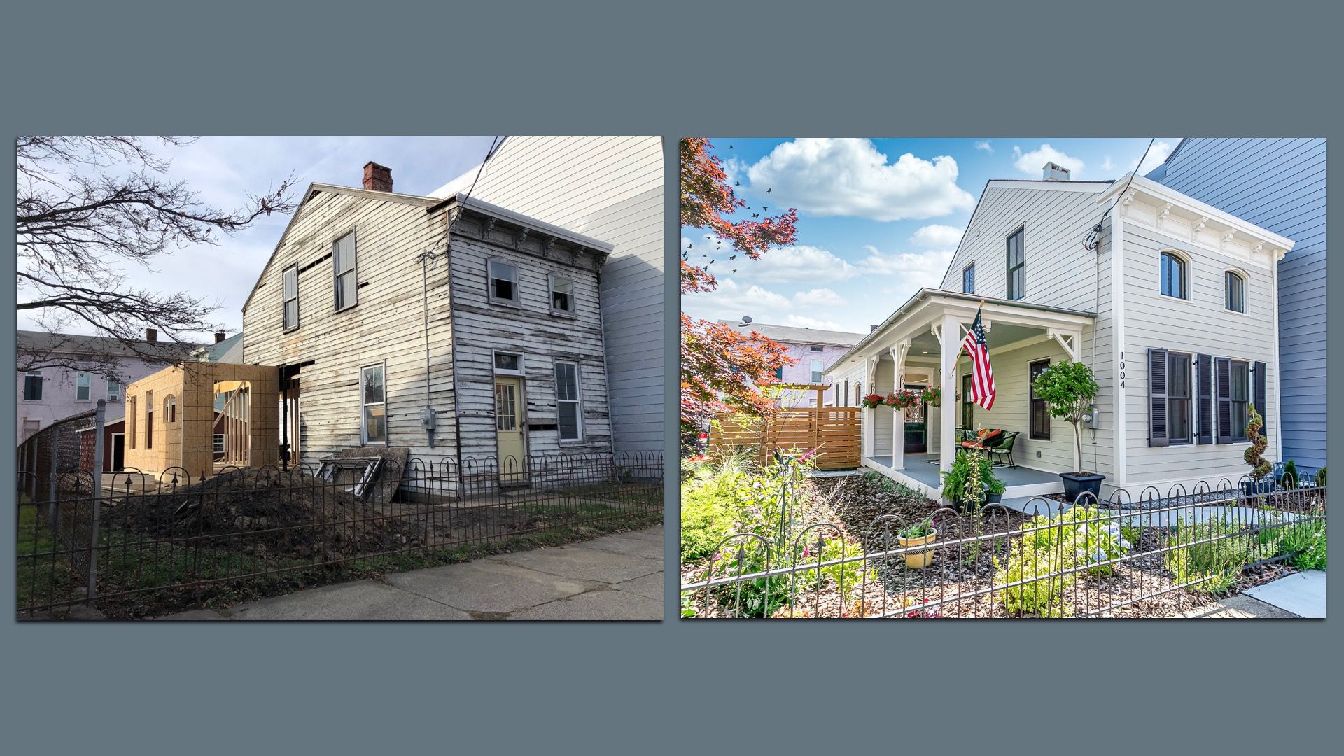 Split-screen of two houses: left is a weathered, dilapidated wooden home with peeling paint; right is a renovated white house with a front porch, American flag, and a garden.