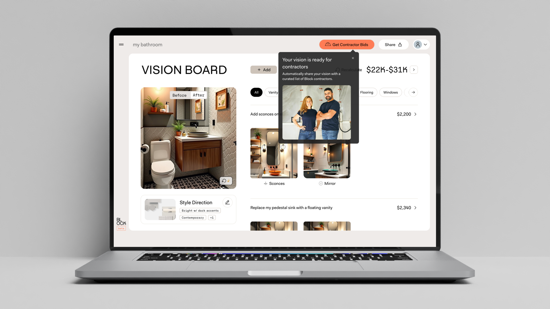 A laptop screen that has photos of rooms in a home and reads "Vision Board" at the top.
