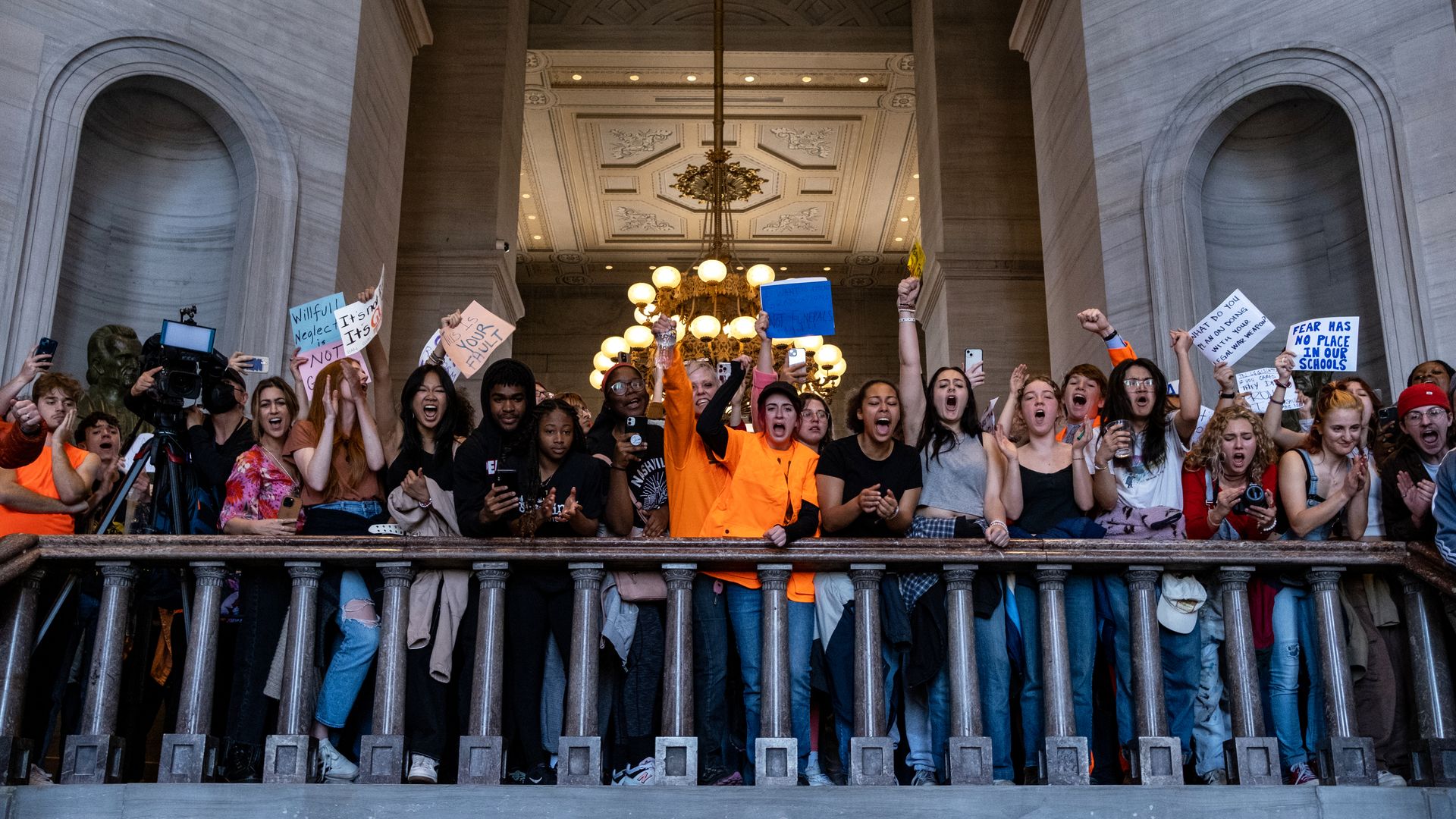 A crowd protests at the capitol