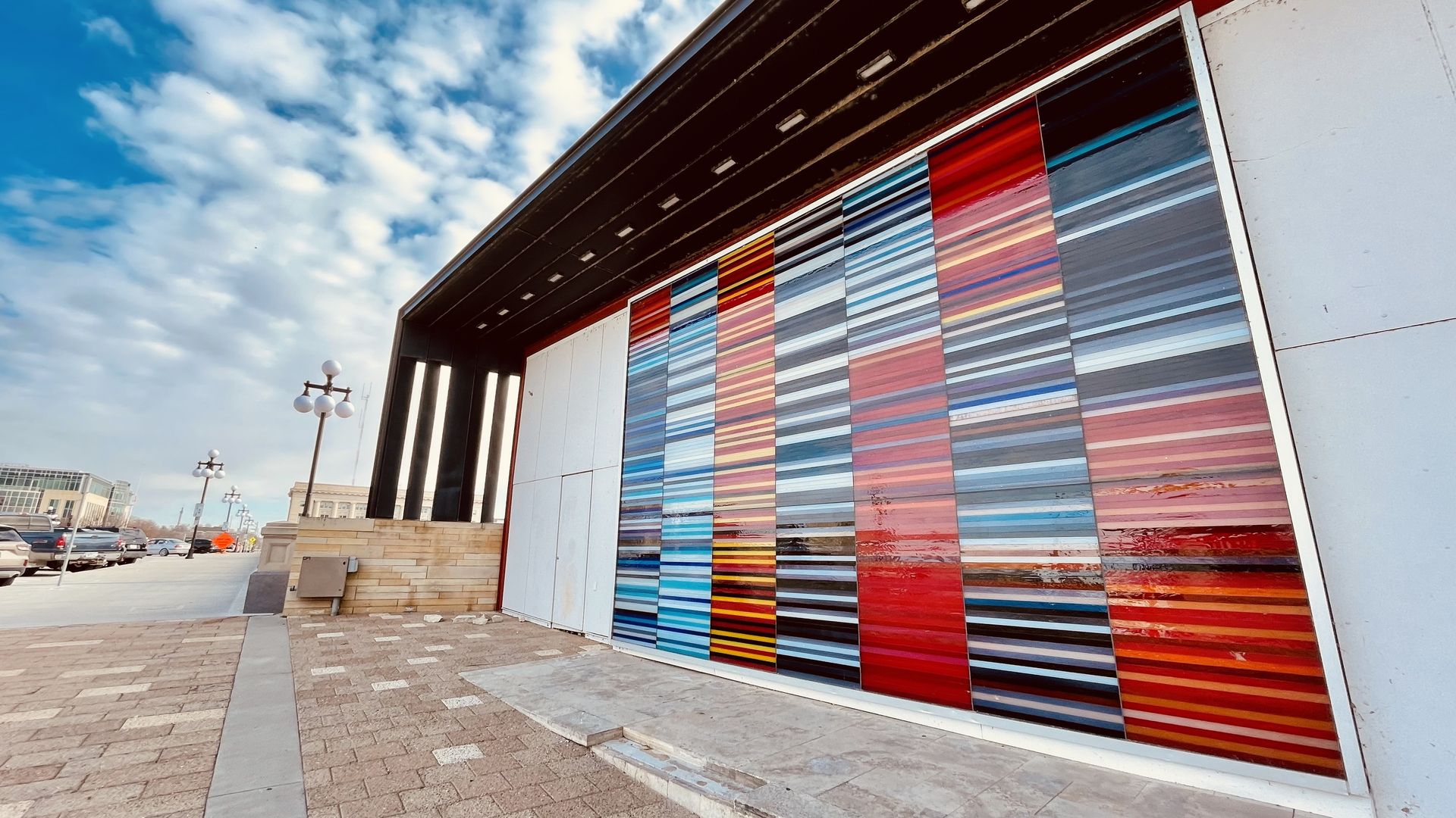 A photo of a glass mural in Des Moines.