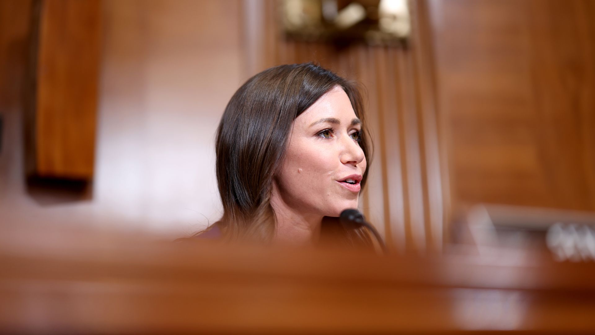 Senator Katie Britt, a Republican from Alabama, speaks during a Senate Appropriations Subcommittee on Labor, Health and Human Services, and Education, and Related Agencies