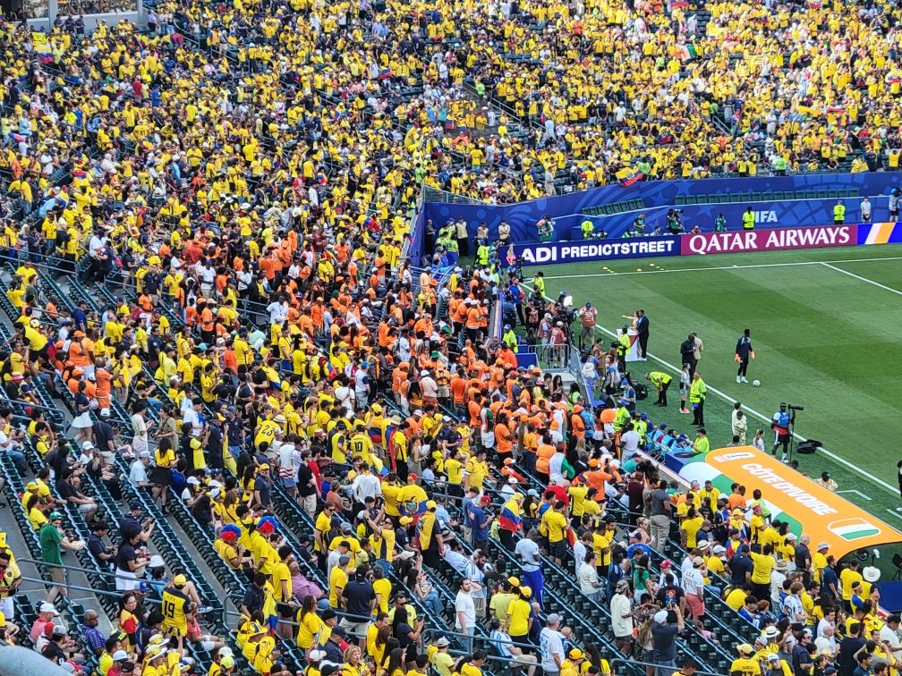 Ivory Coast fans behind the team's bench at Philadelphia Stadium.