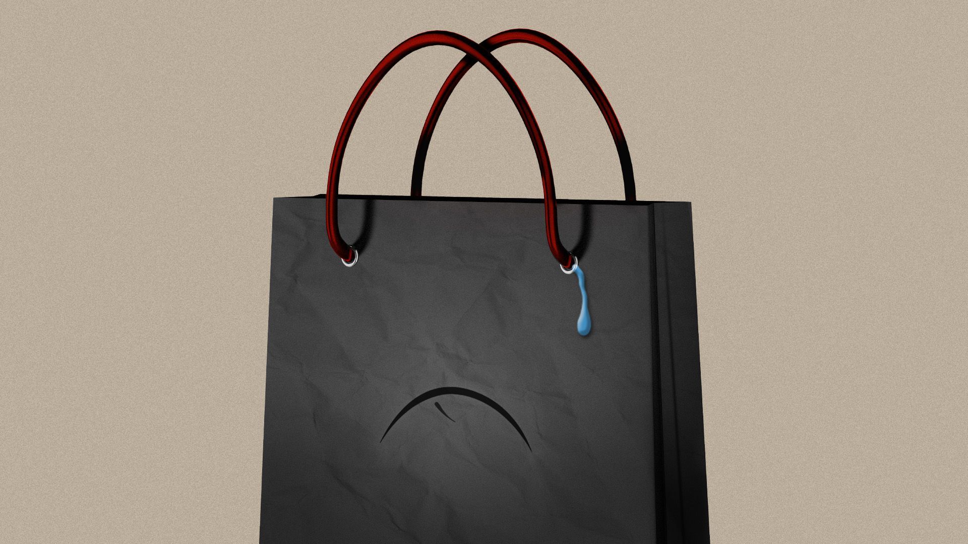 Illustration of a black shopping bag with a sad face and a single tear