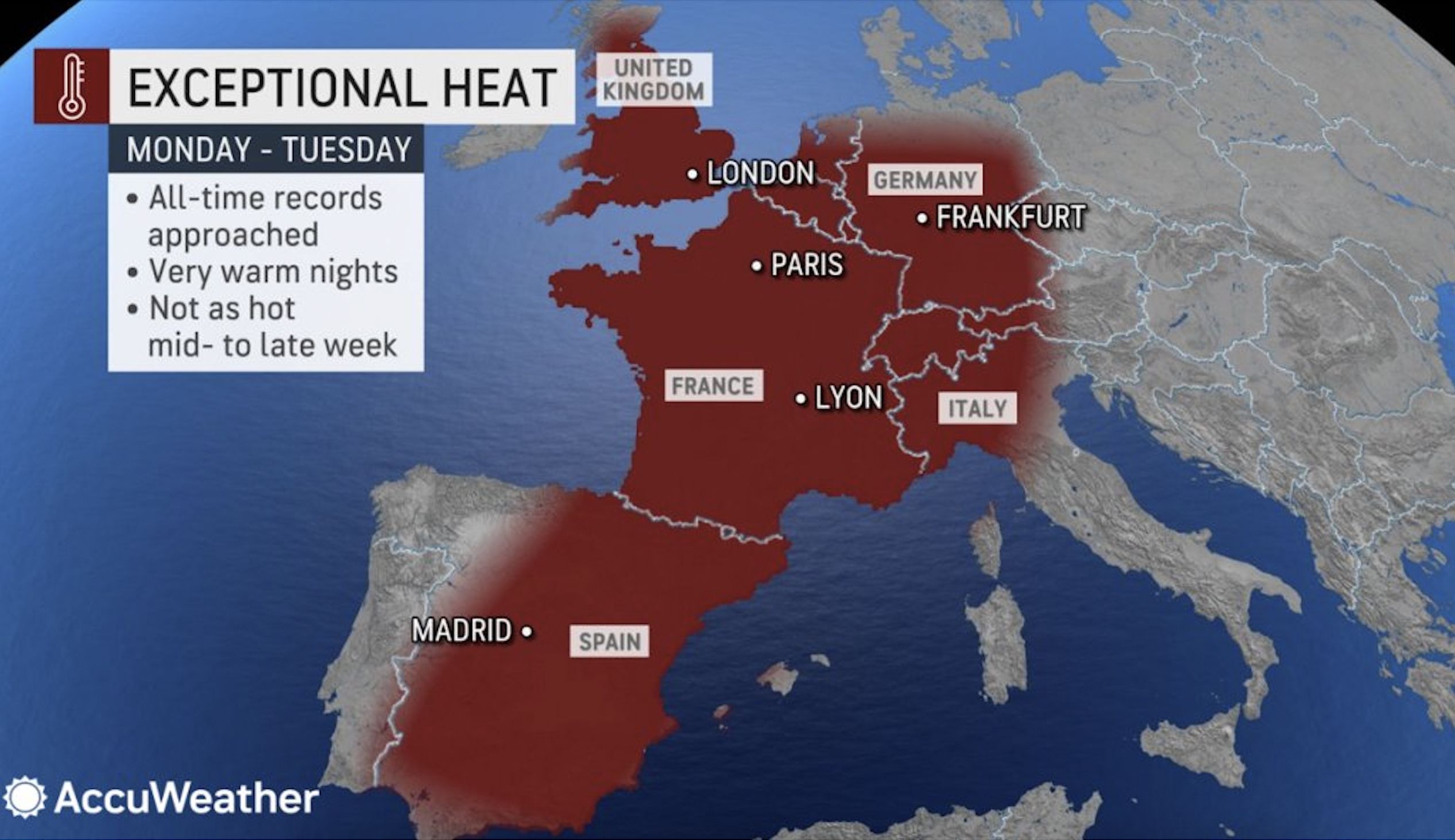 An illustration showing the location of the heat wave across Europe.