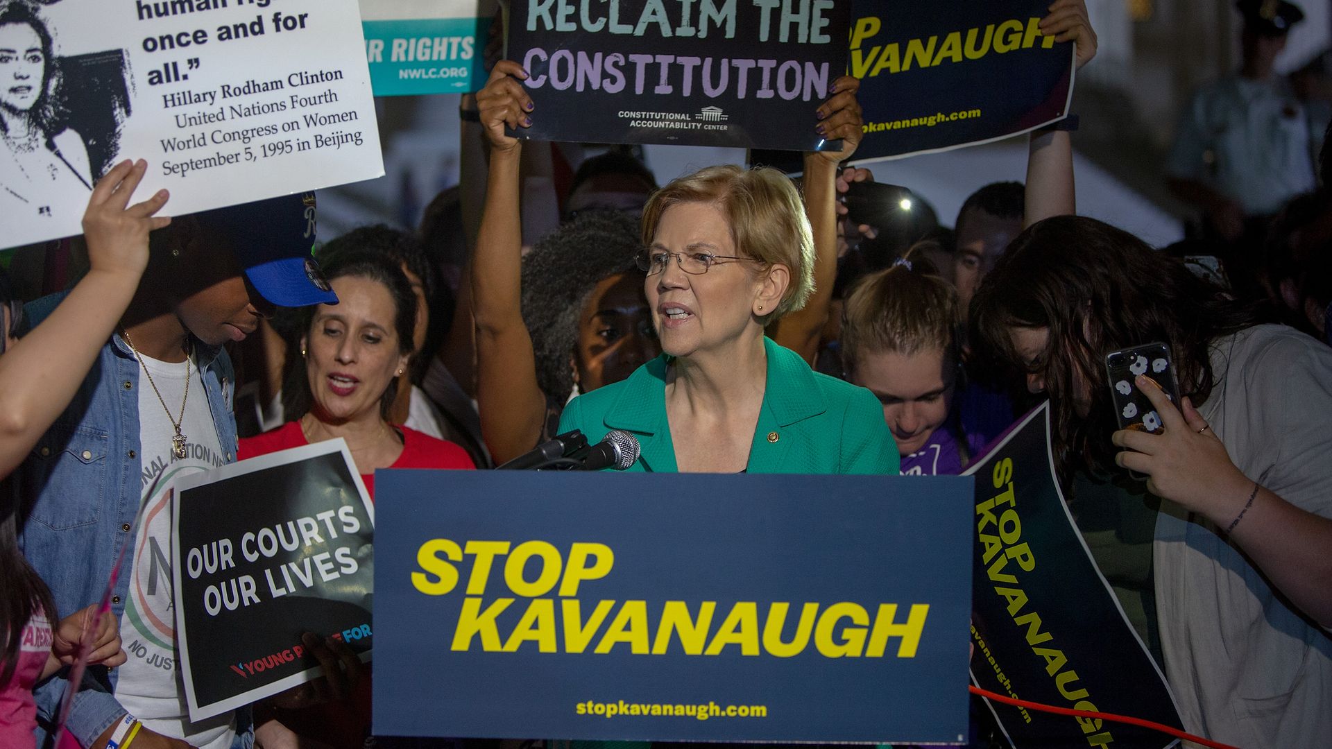 Elizabeth Warren at a rally against Brett Kavanaugh
