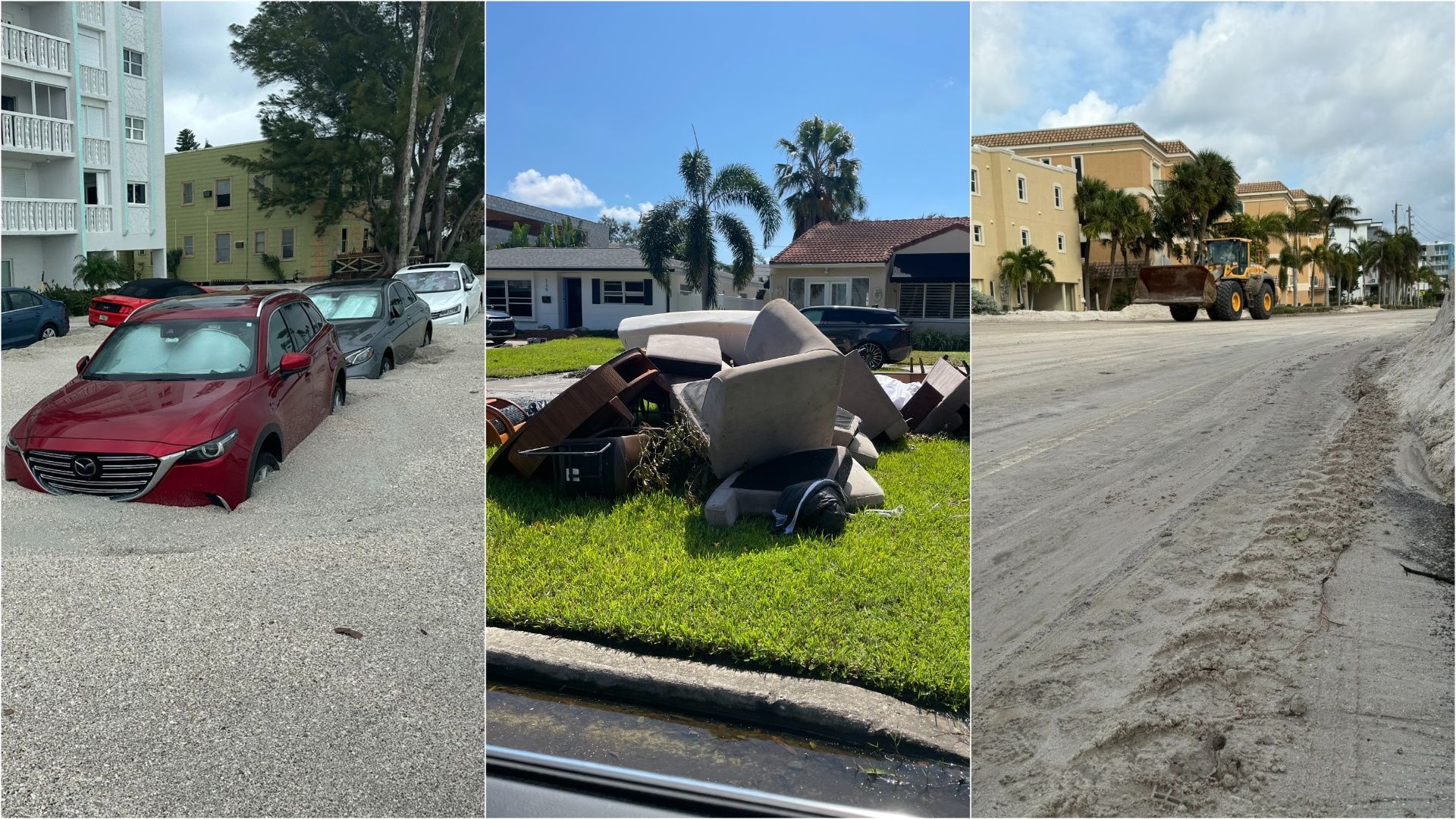 A collage of three photos. The left shows red, gray and white cars stuck in several feet of sand. The second is a pile of damaged furniture at the curb in someone's front year. The third is a sandy road with a front-loader truck in the distance.