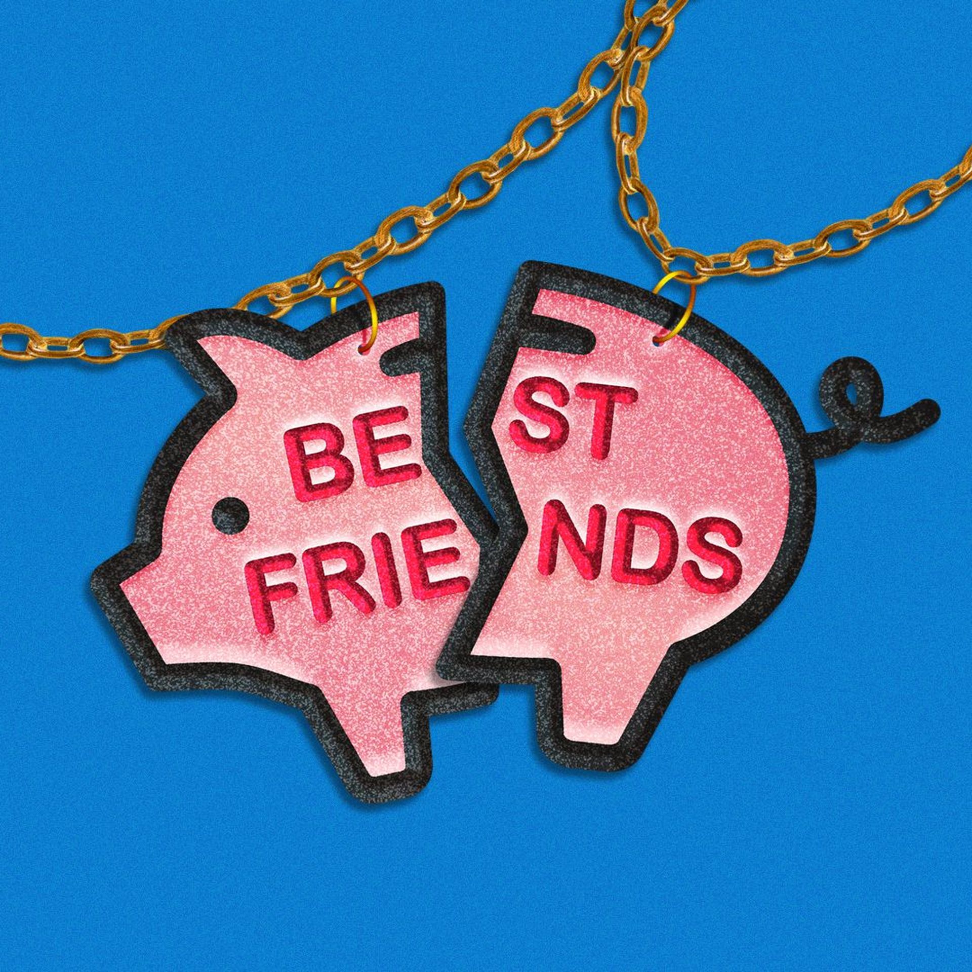 Illustration of a friendship necklace, but instead of a heart, it's a piggy bank.