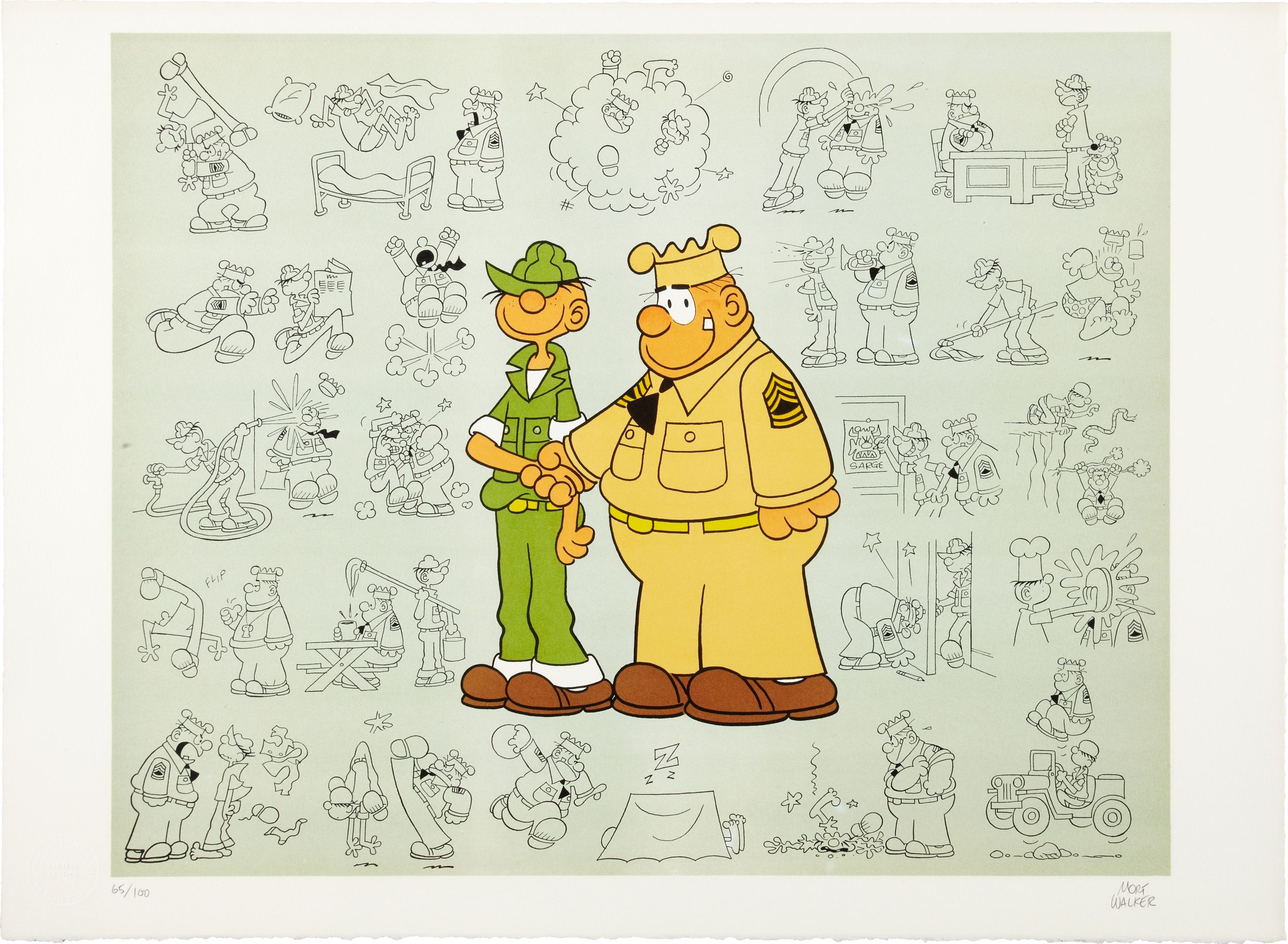 Two cartoon soldiers, one in green and one in tan uniform, shake hands in the center, surrounded by black-and-white sketches of military life and antics on a pale green background.