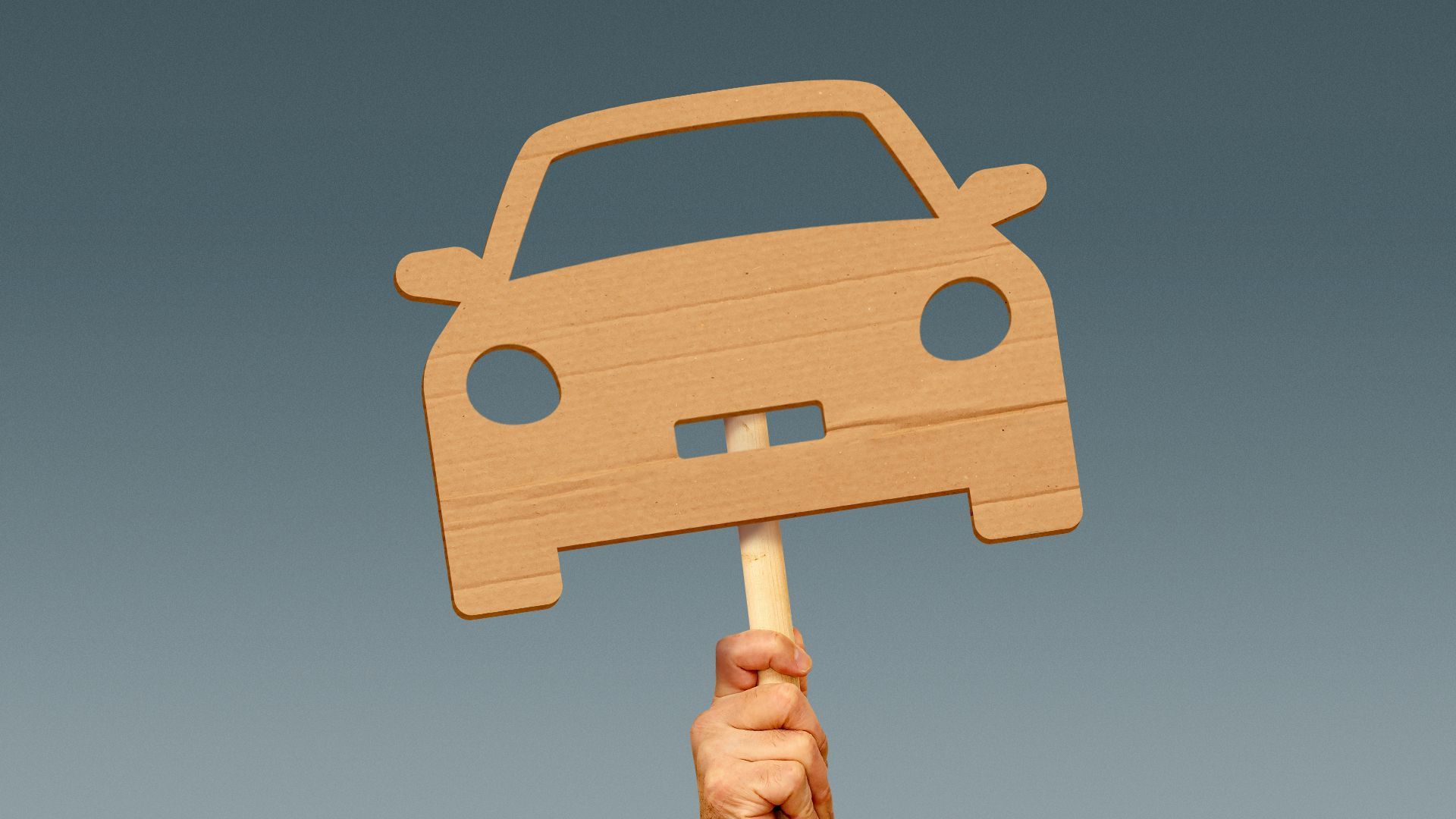 Illustration of a hand holding a strike protest sign with the cardboard cut in the shape of a car