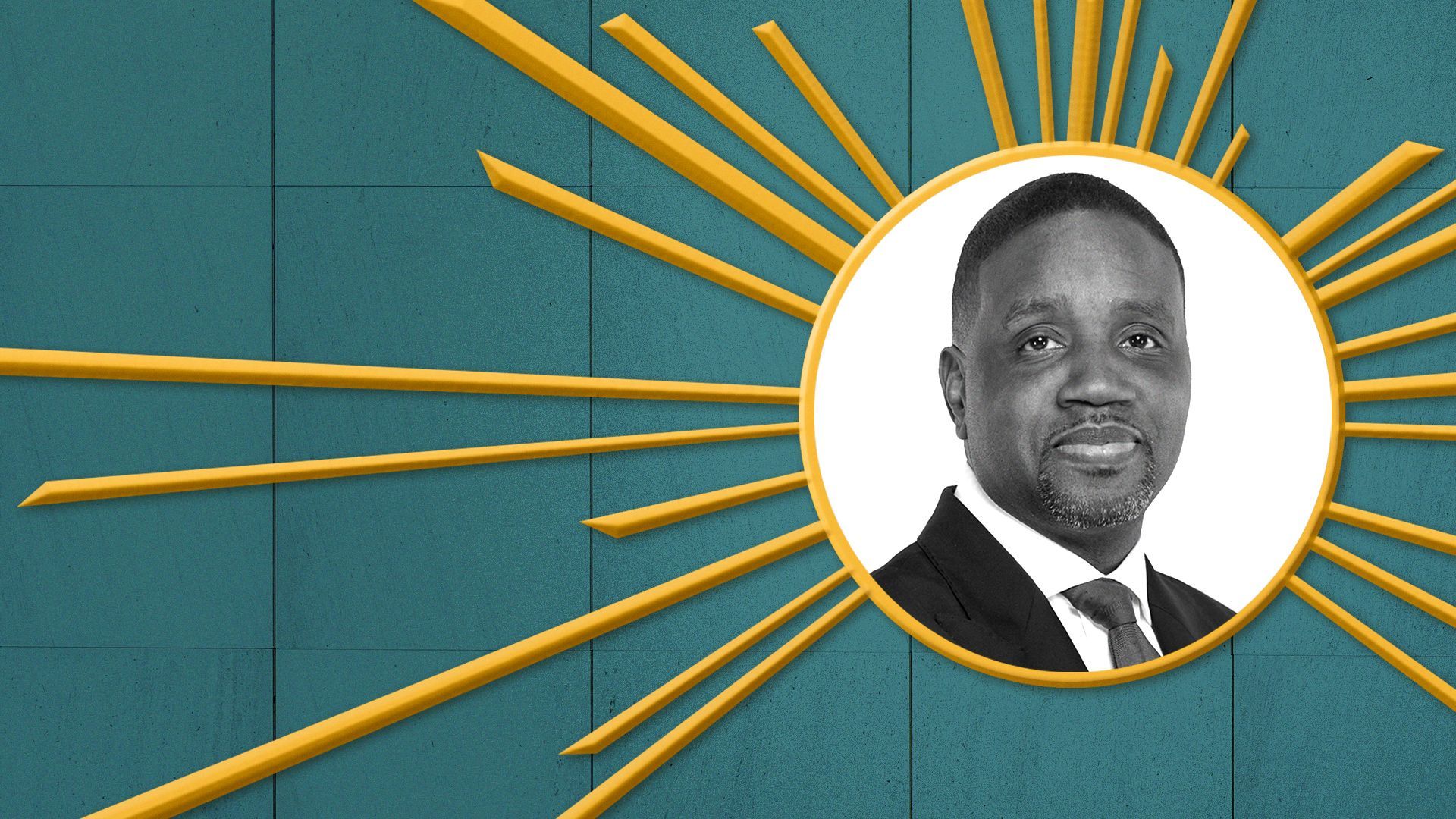 Photo illustration of Rev. Solomon Kinloch Jr. in the center of a gold frame with rays emanating, resembling the sphere from The Spirit of Detroit statue.