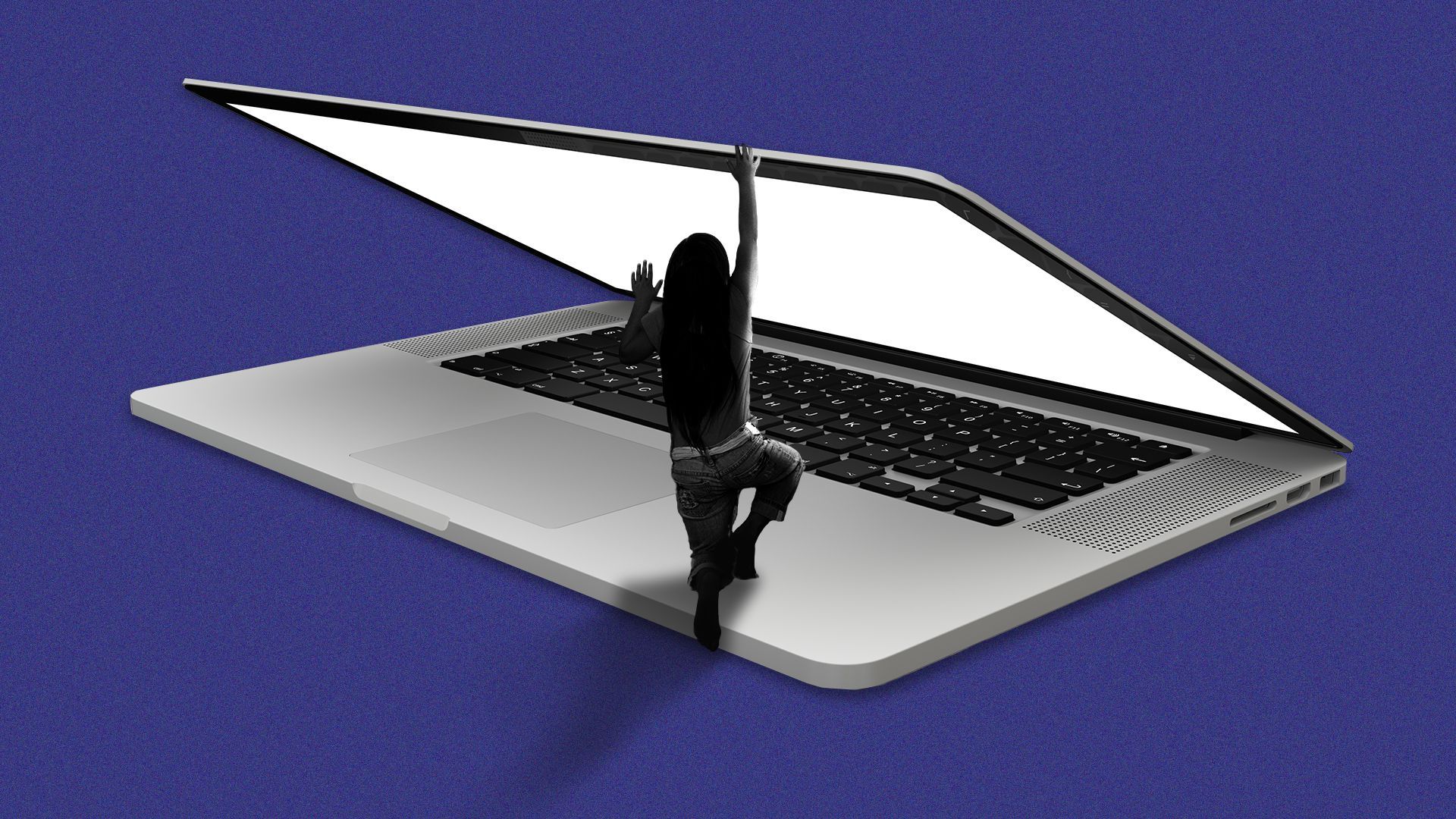 Illustration of a girl hanging onto a closing laptop.