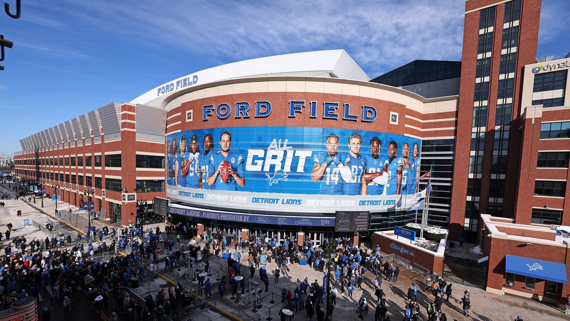 Fans gather at Ford Field for last Sunday's playoff game against the Tampa Bay Buccaneers. Photo: Gregory Shamus/Getty Images