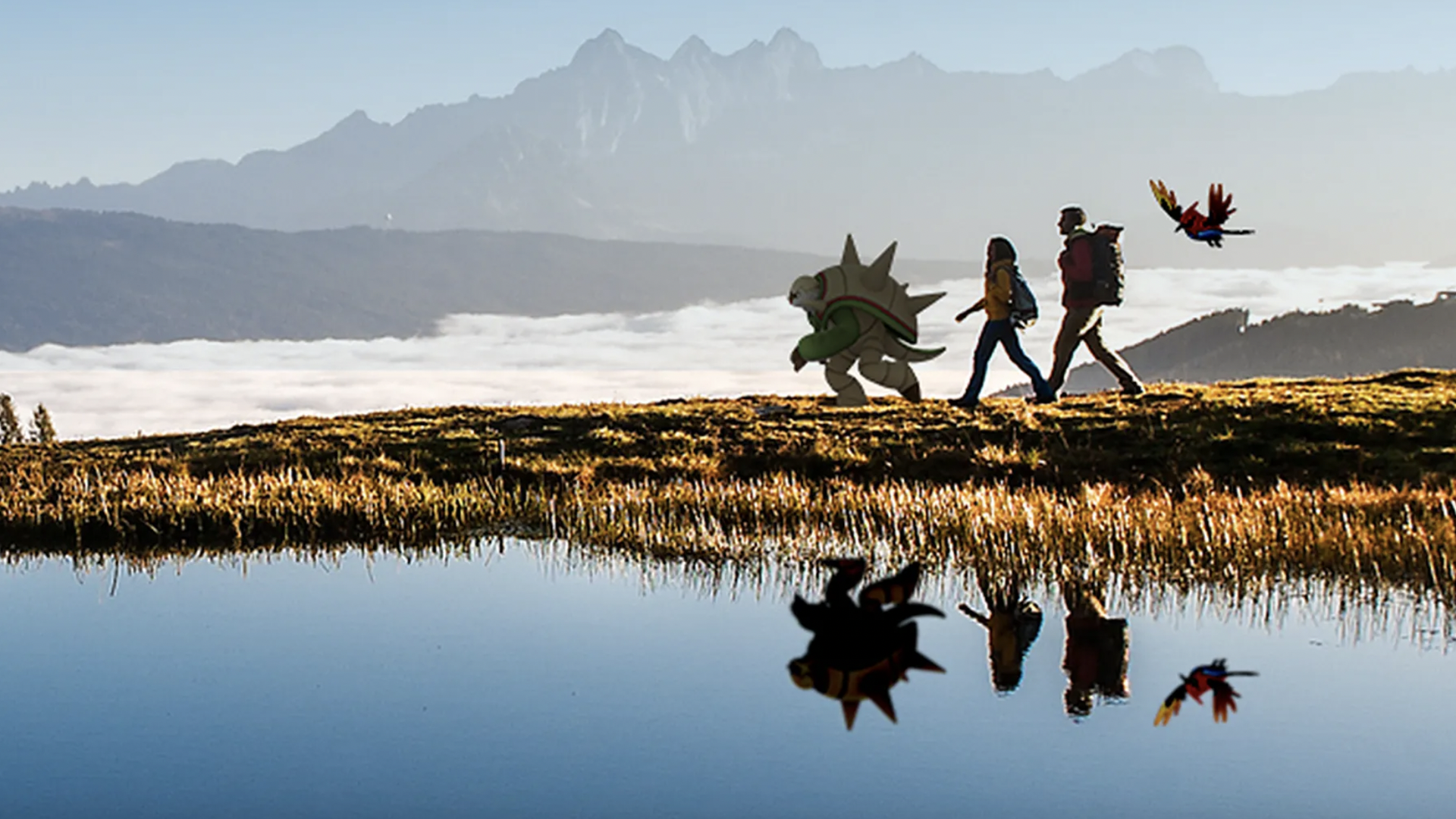 Artwork featuring a trainer walking with pokemon.