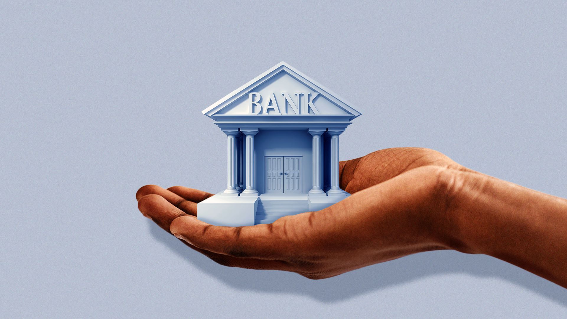 Illustration of a hand holding a bank building.